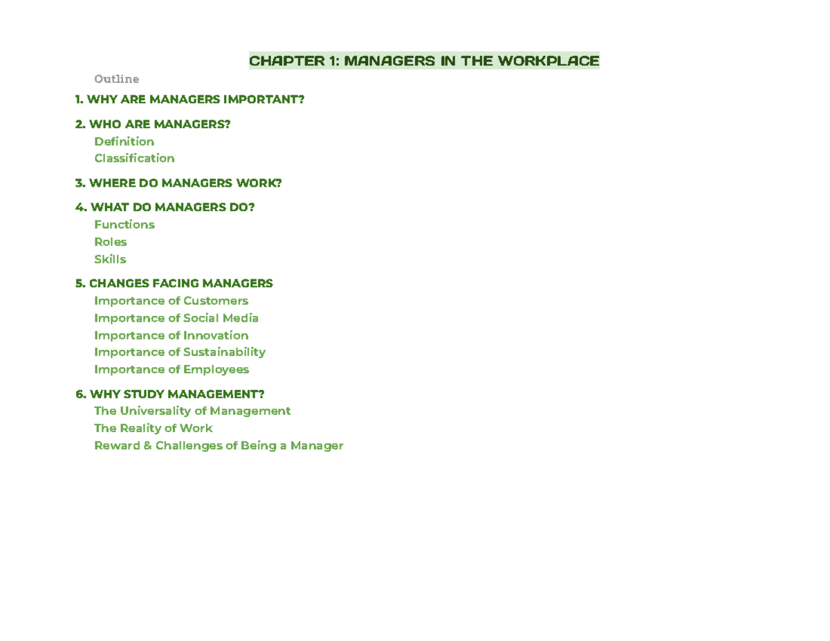 [TakeNote] BM - Chapter 1: The Role of Managers in Organizations - Studocu