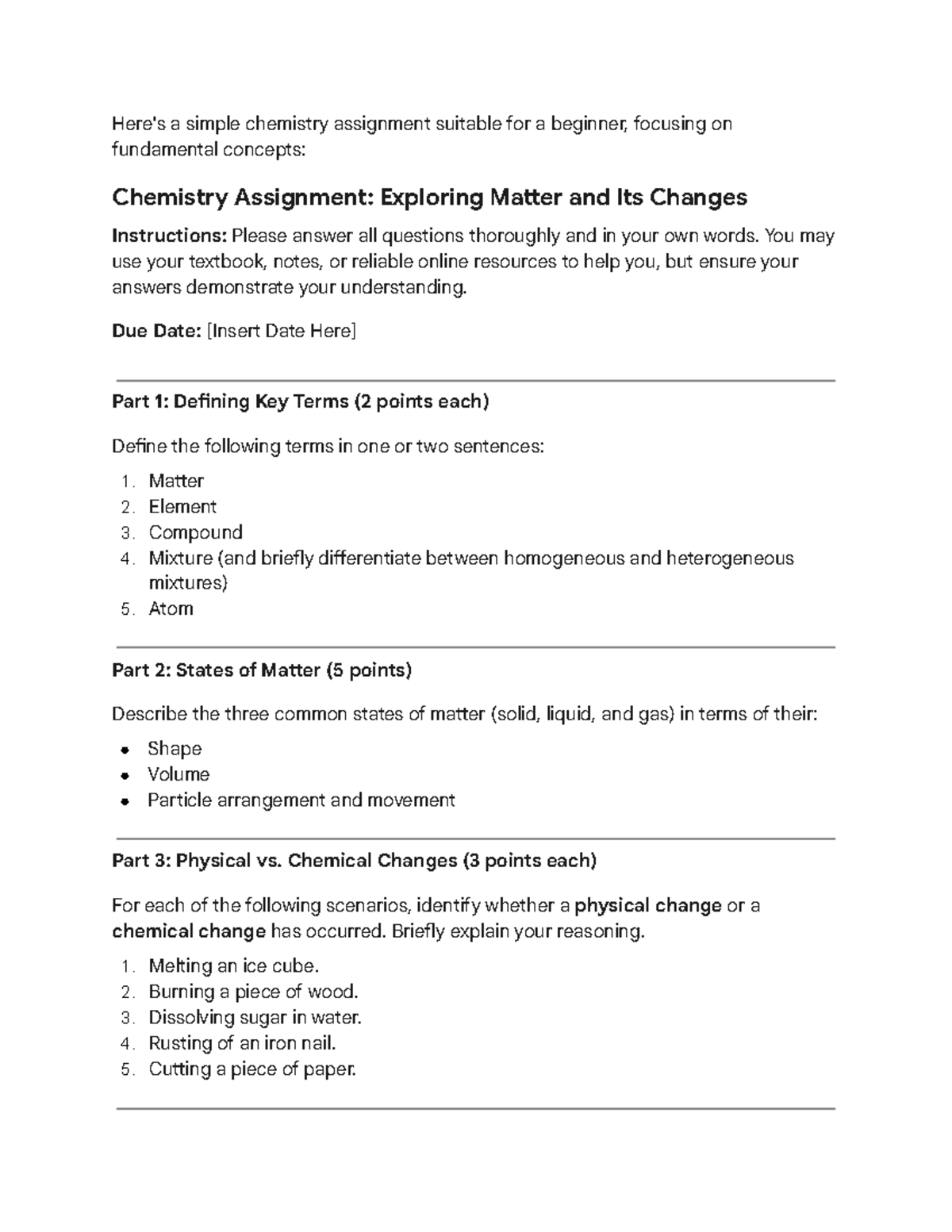 Chemistry 101 Assignment: Understanding Matter and Changes - Studocu