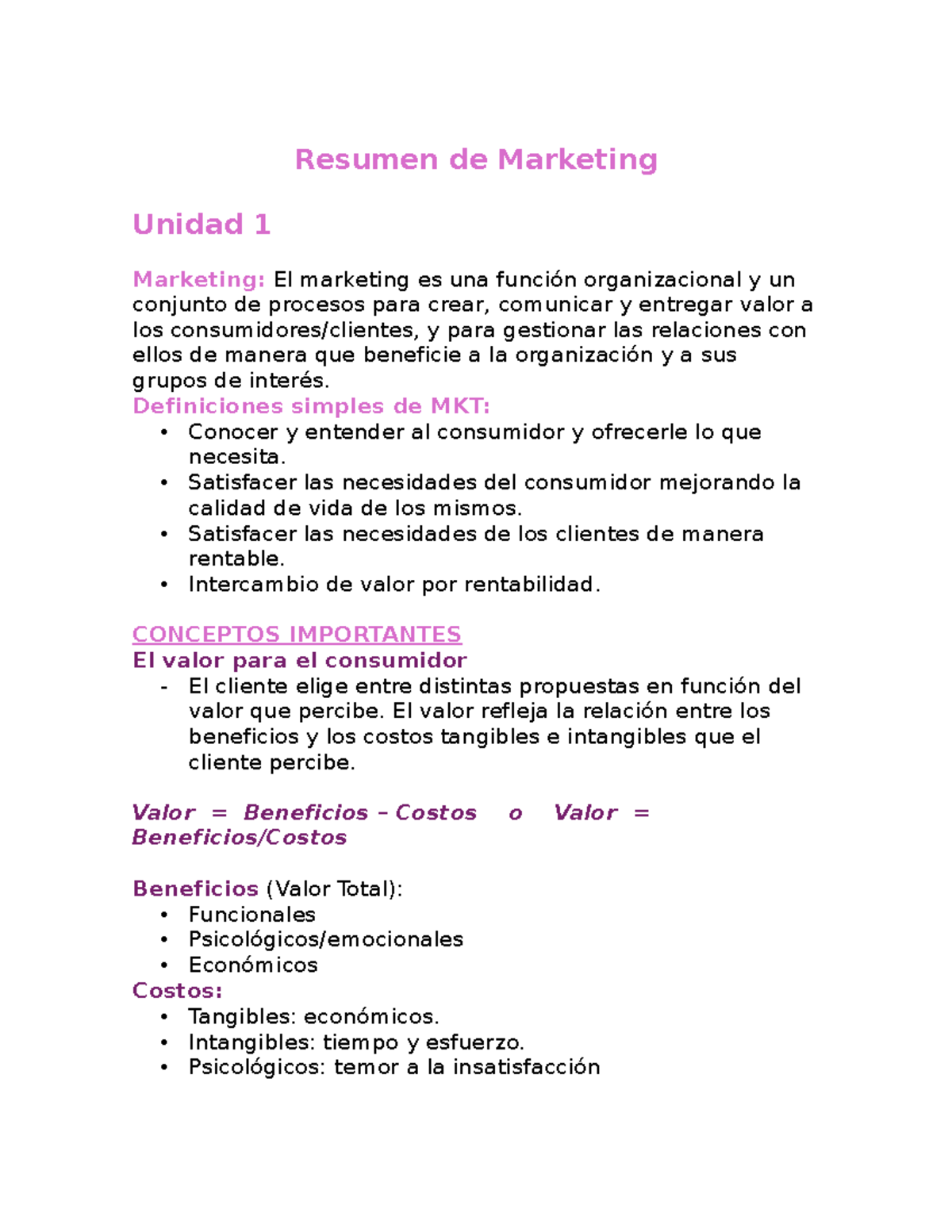 Resumen de Marketing Unidad 1: Conceptos Clave y Estrategias - Studocu