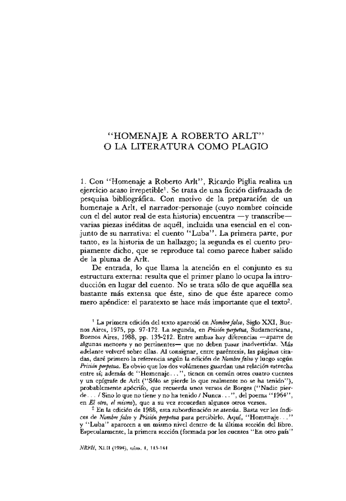 Homenaje a Roberto Arlt: Análisis del Plagio en la Narrativa de Piglia ...