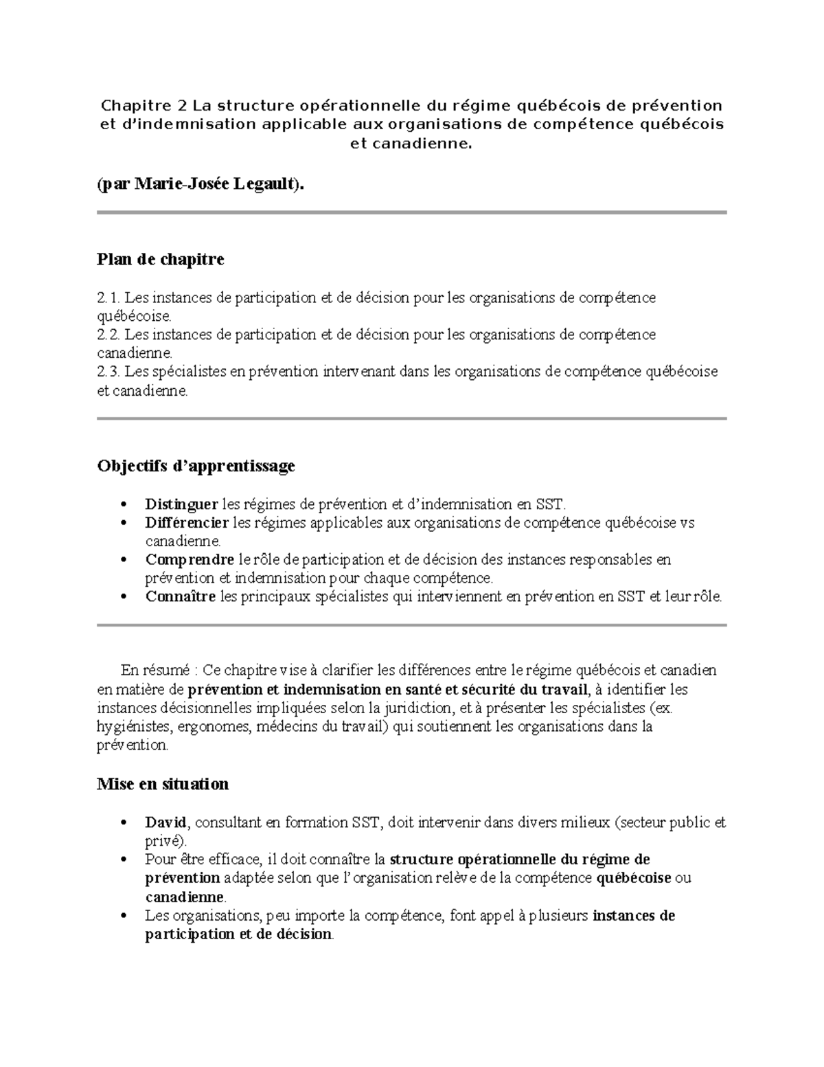 Chapitre 2 : Structure Opérationnelle du Régime Québécois de Prévention ...