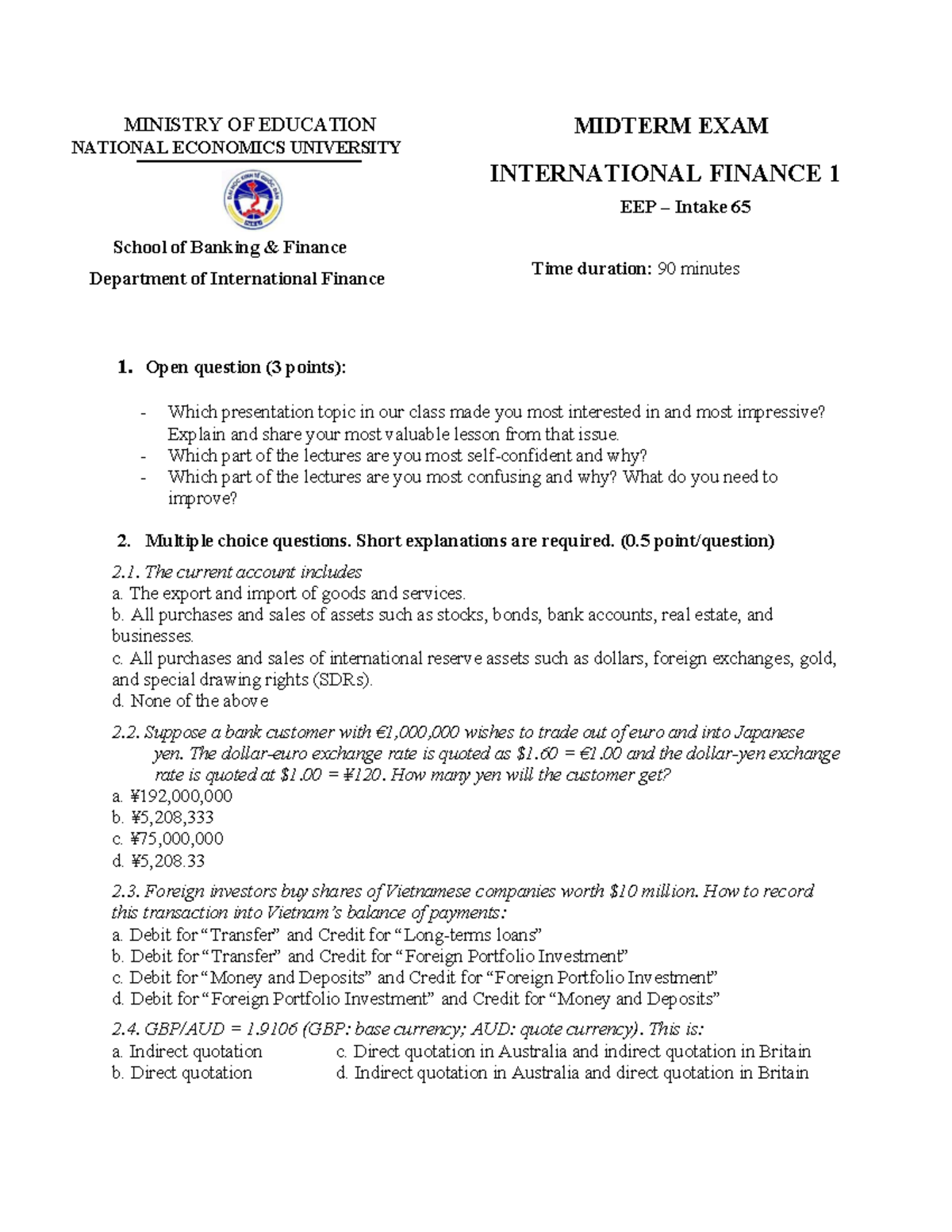Midterm Exam EEP65: International Finance 1 - Cô Lan Hương Notes - Studocu