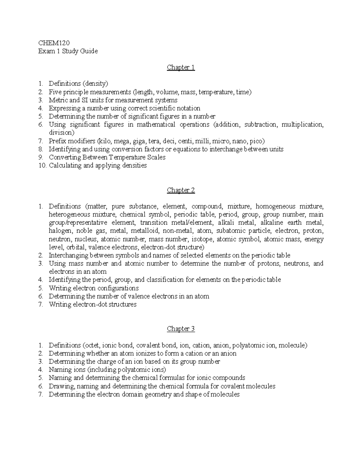 CHEM120 Exam 1 Study Guide: Essential Concepts and Definitions - Studocu