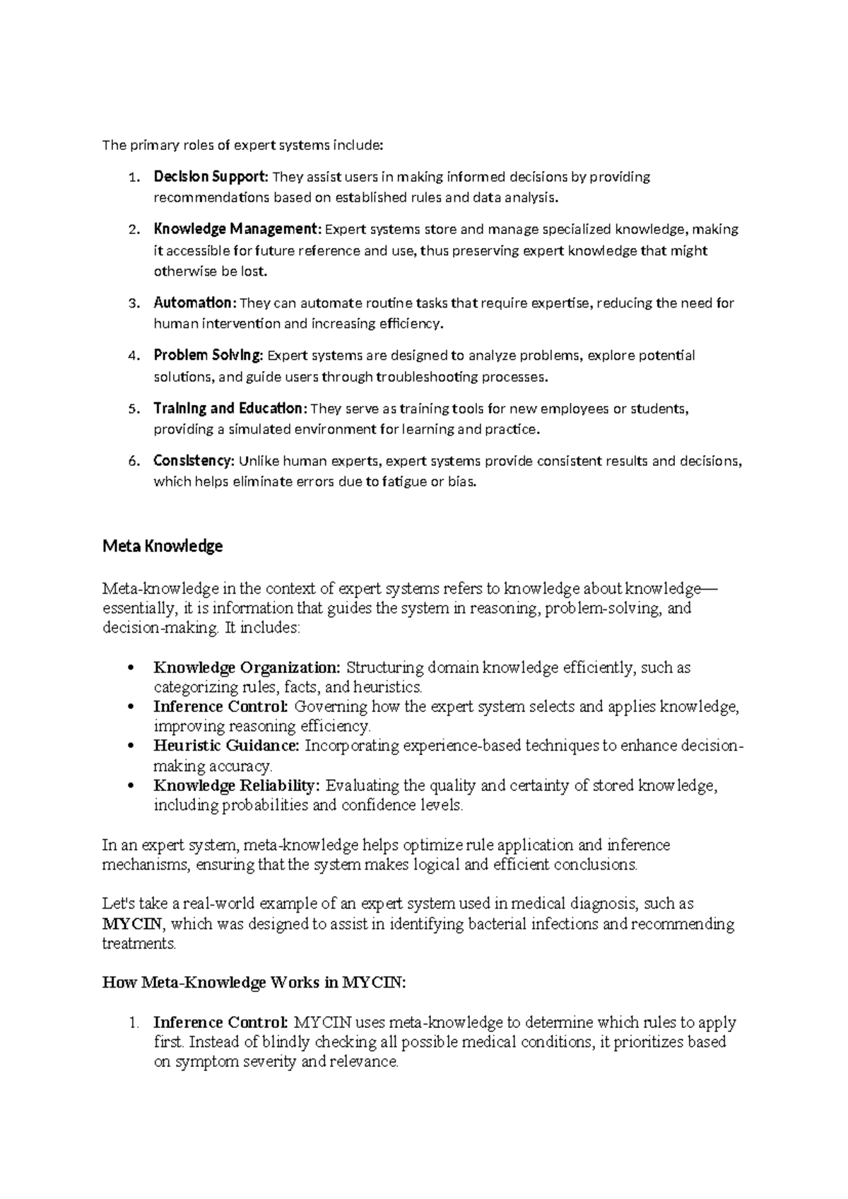 Unit V Material - Roles of Expert Systems & Meta Knowledge in AI - Studocu
