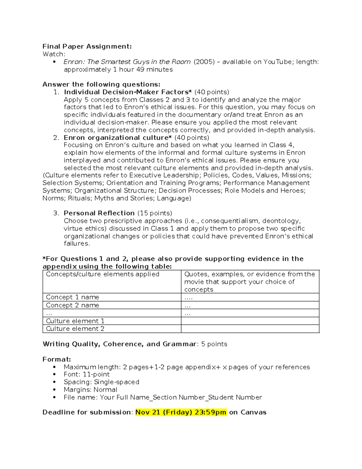 Final Paper Assignment: Analyzing Ethical Issues in Enron (BUS 101 ...