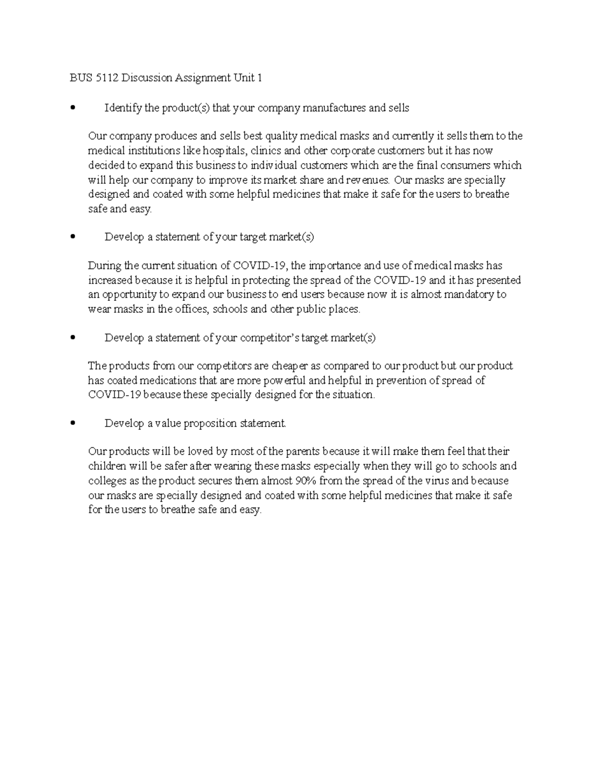 BUS 5112 Unit 1 Discussion Assignment: Market Analysis & Value ...
