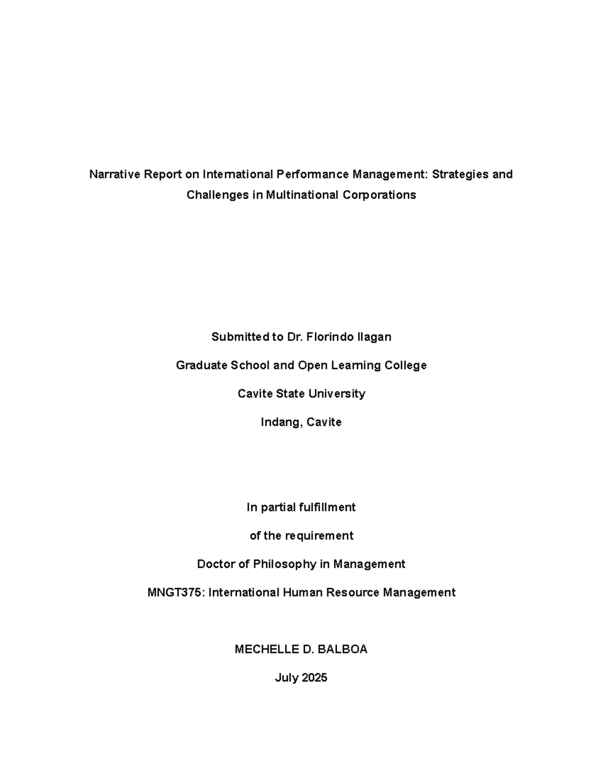 MNGT375: Final Report on International Performance Management ...