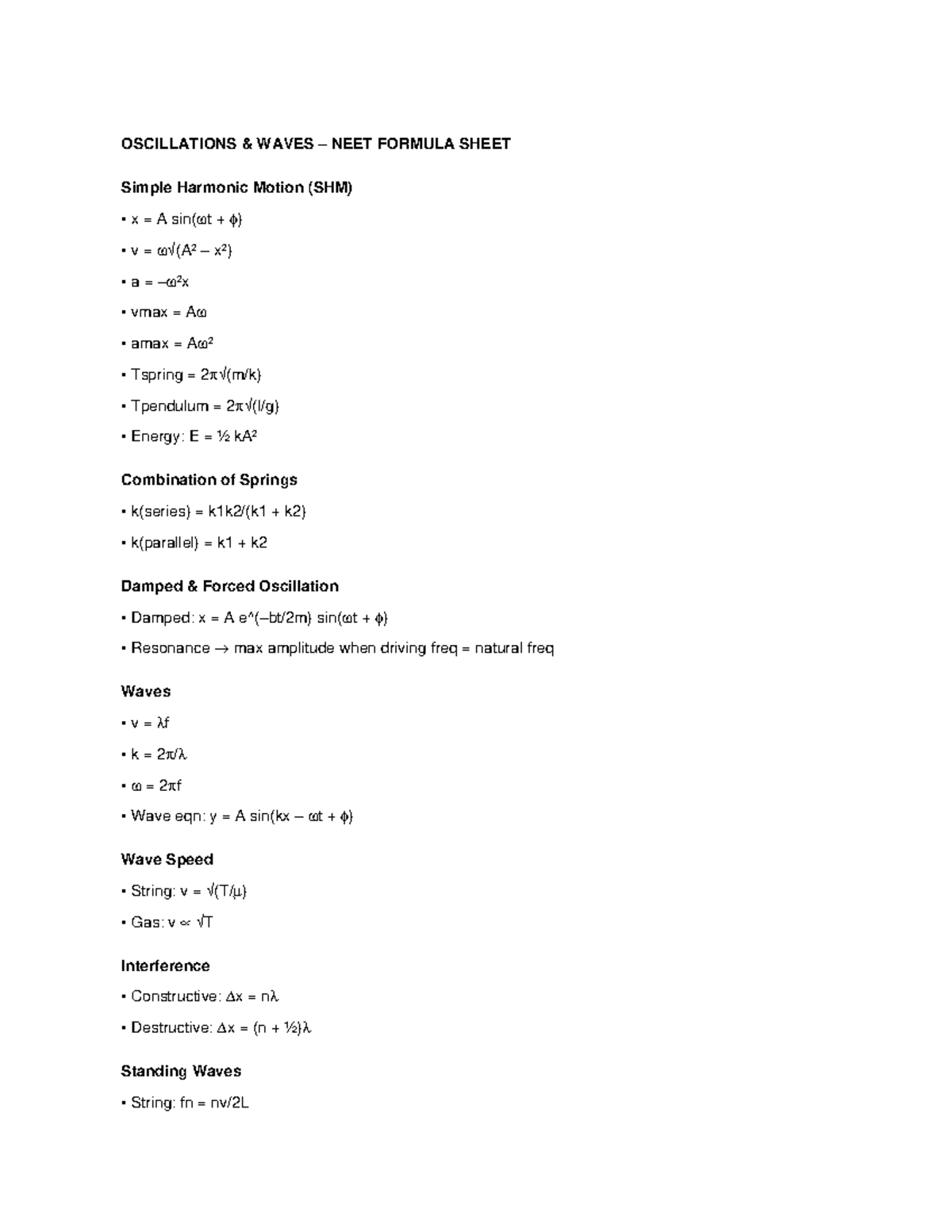 Oscillations & Waves Formula Sheet for NEET Exam - Studocu