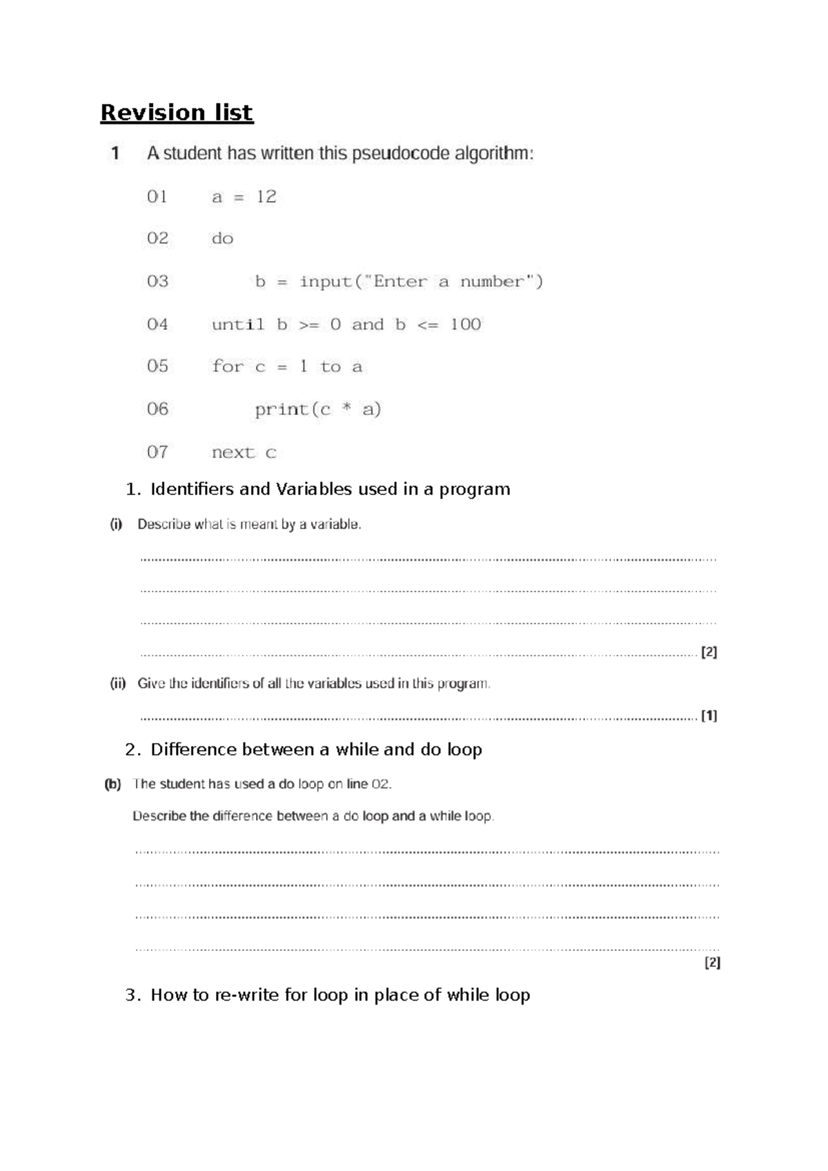 CS101: Revision List on Programming Concepts and Techniques - Studocu