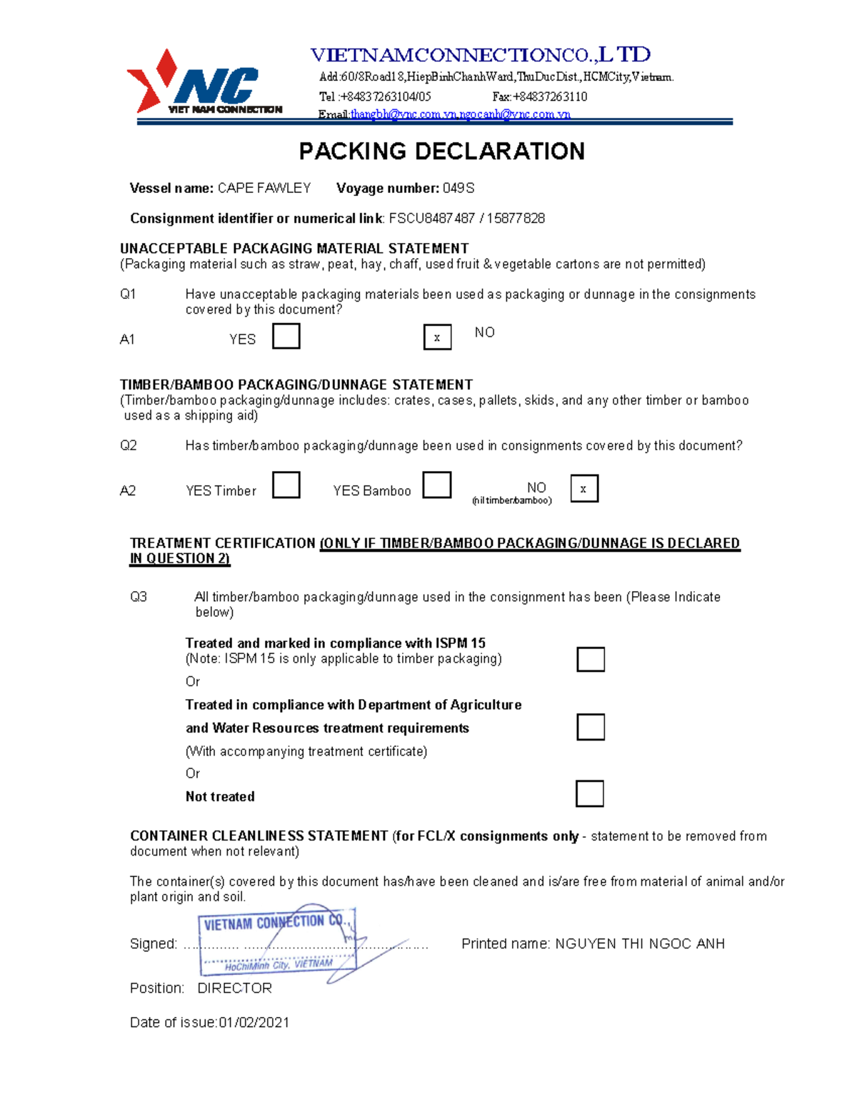 Packing Declaration for Consignment FSCU8487487 - SSAS1338 - Studocu