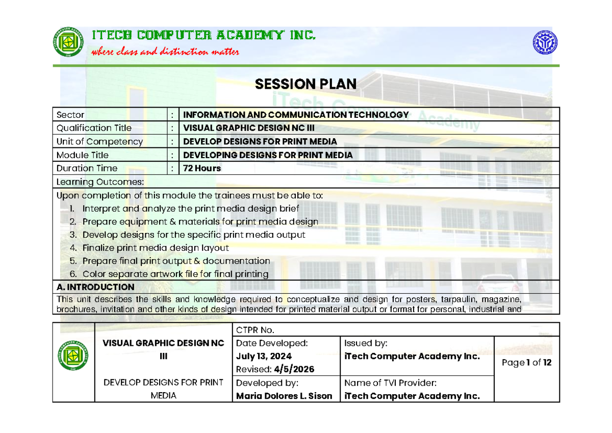 Session Plan for Visual Graphic Design NC III: Develop Print Media ...