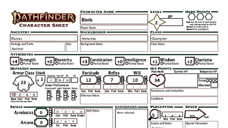 Boris Level 2 Character Sheet - Pathfinder RPG Example - Studocu