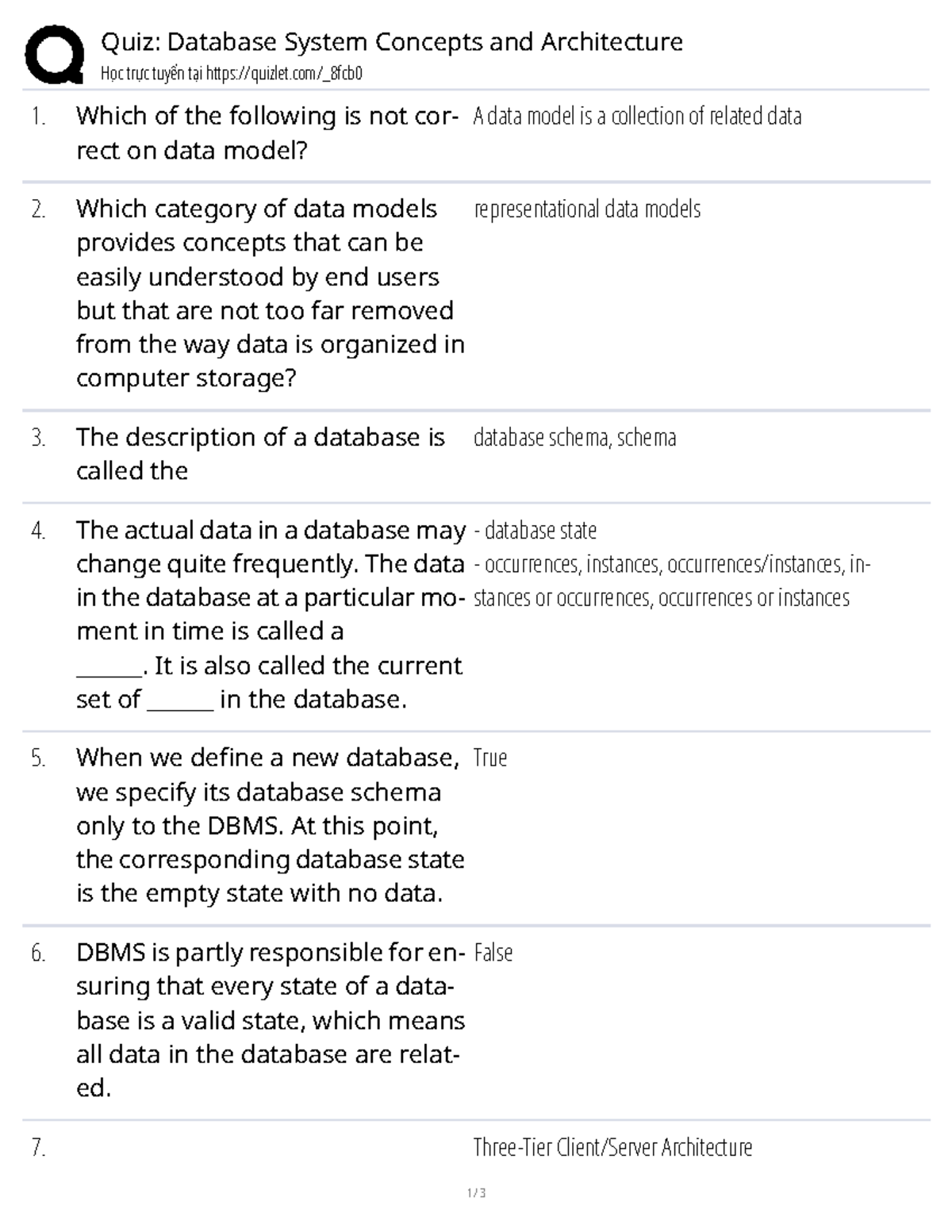 Quiz: Database System Concepts and Architecture (DB 101) - Studocu