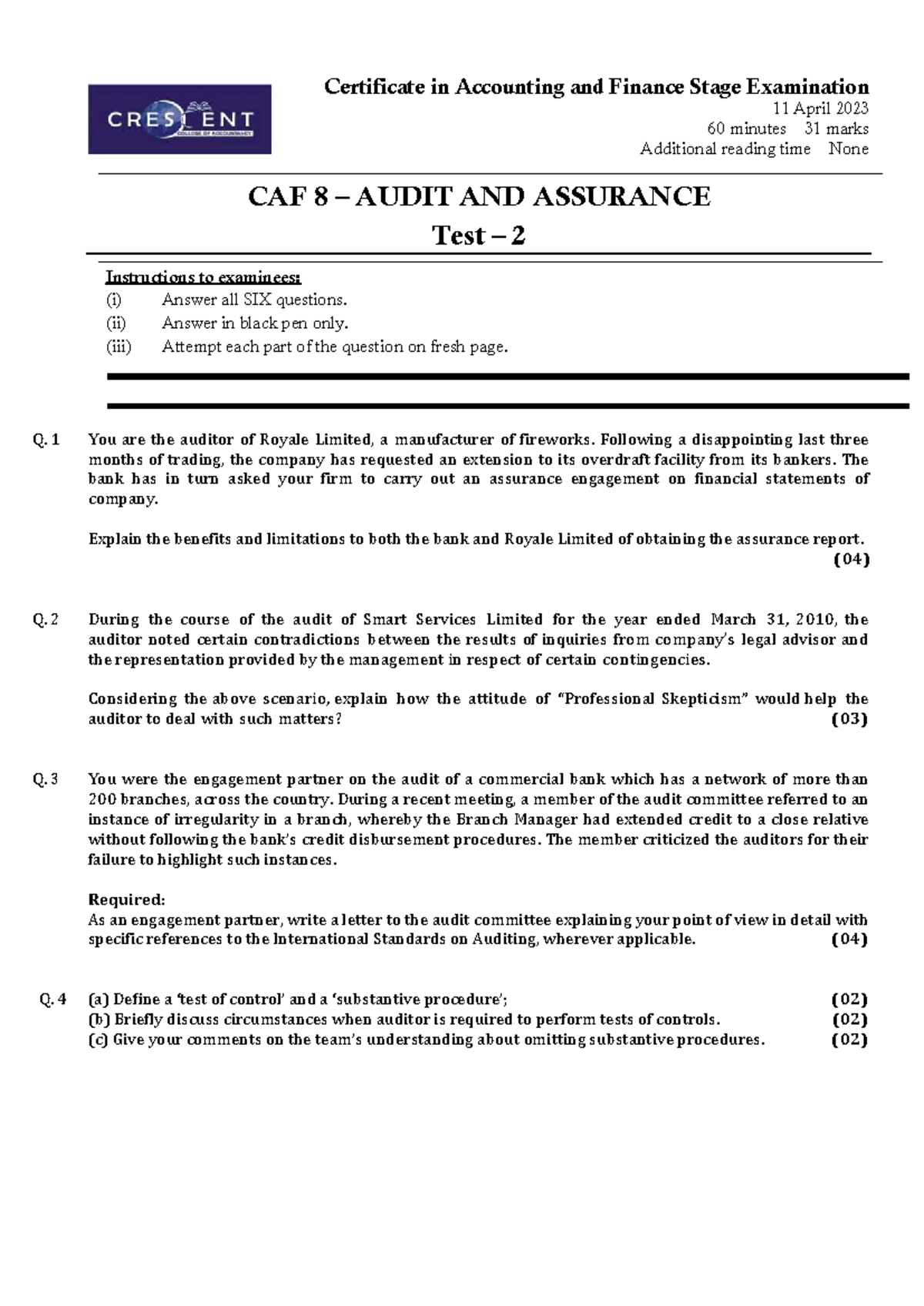 CAF 8 Audit and Assurance Test 2 - Stage Exam Questions April 2023 ...