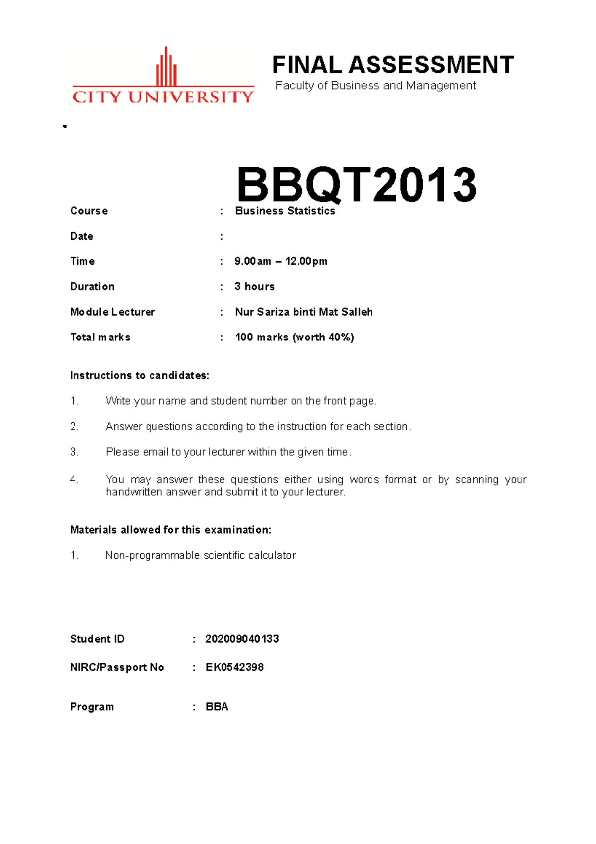BBQT Business Statistics Final Exam Answers and Solutions - Studocu