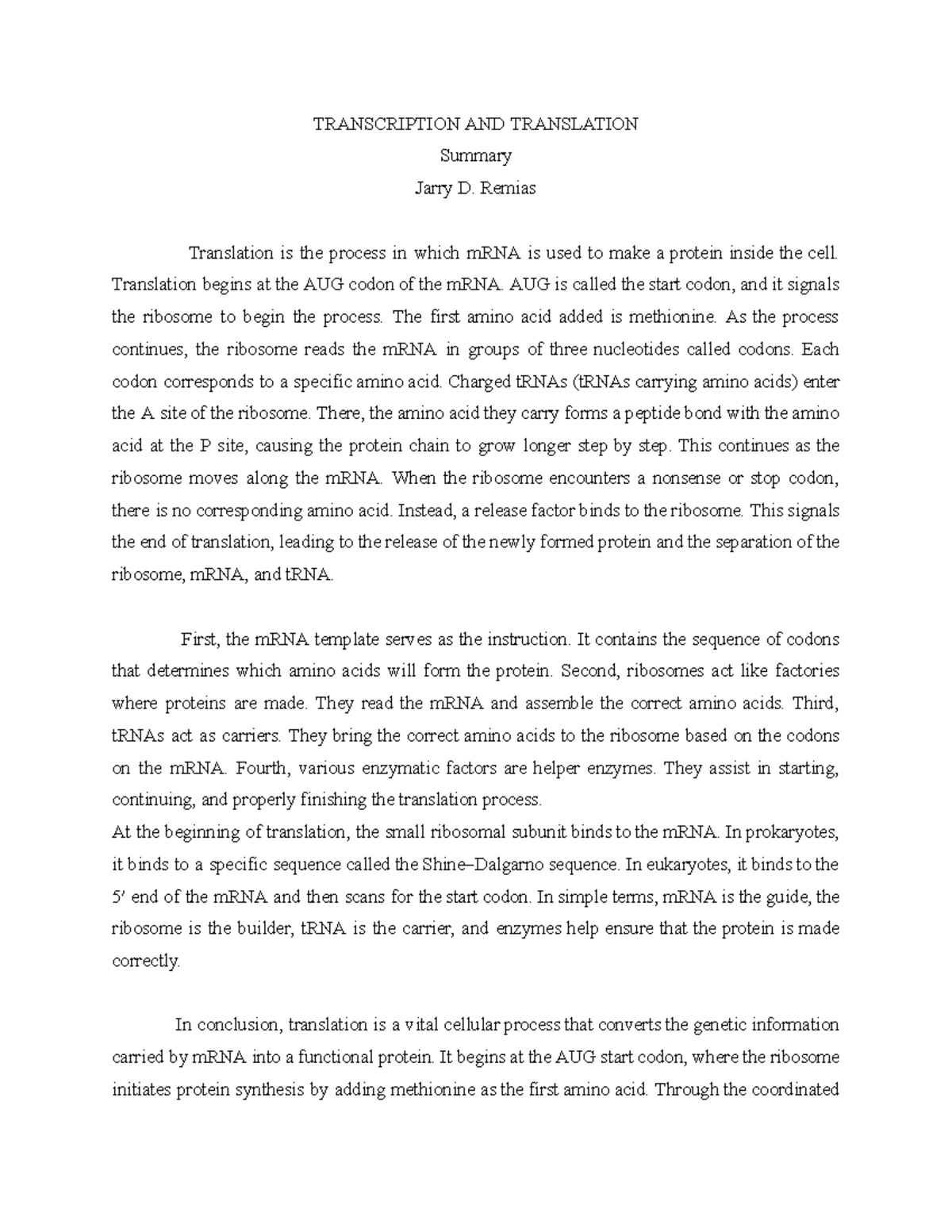BIO 101: Transcription and Translation Summary Notes - Studocu