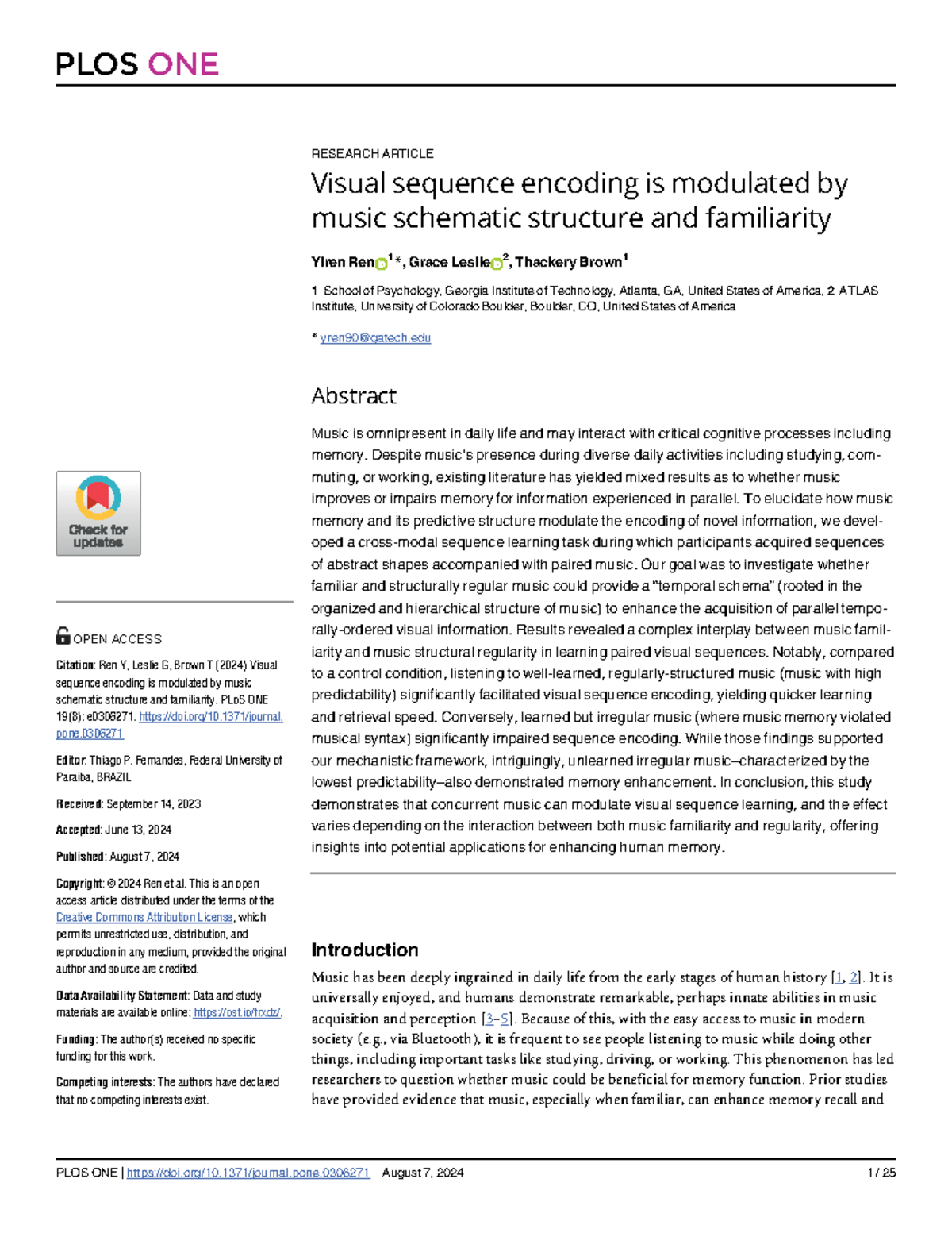 Visual Sequence Learning Enhanced by Music Structure: Familiarity ...