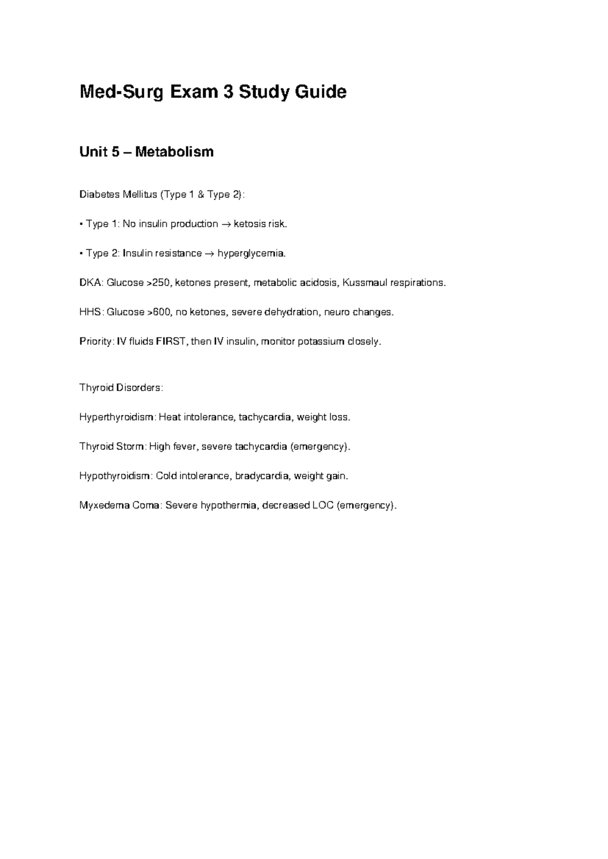 Med Surg Exam 3 Study Guide: Metabolism & Perfusion Insights - Studocu
