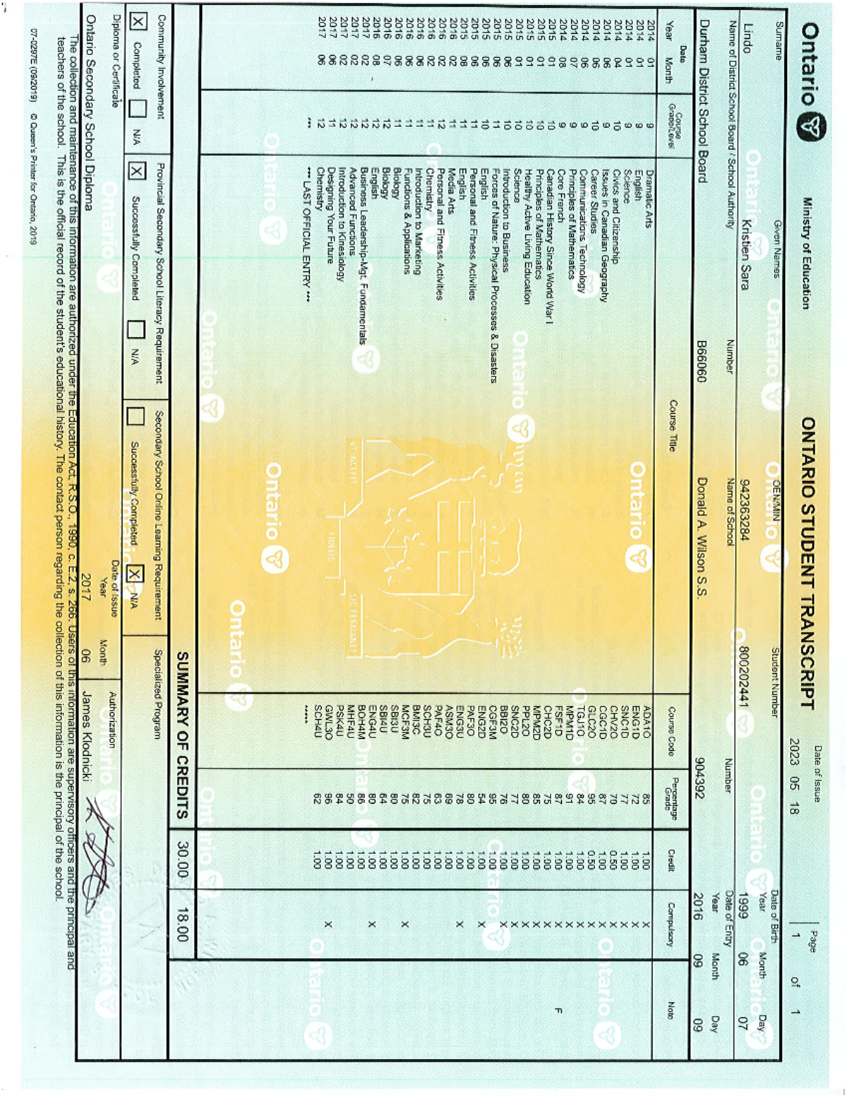 OSSD - dd,rvopmefvoefmvopsev - Date of Issue Ontario Ministry of ...