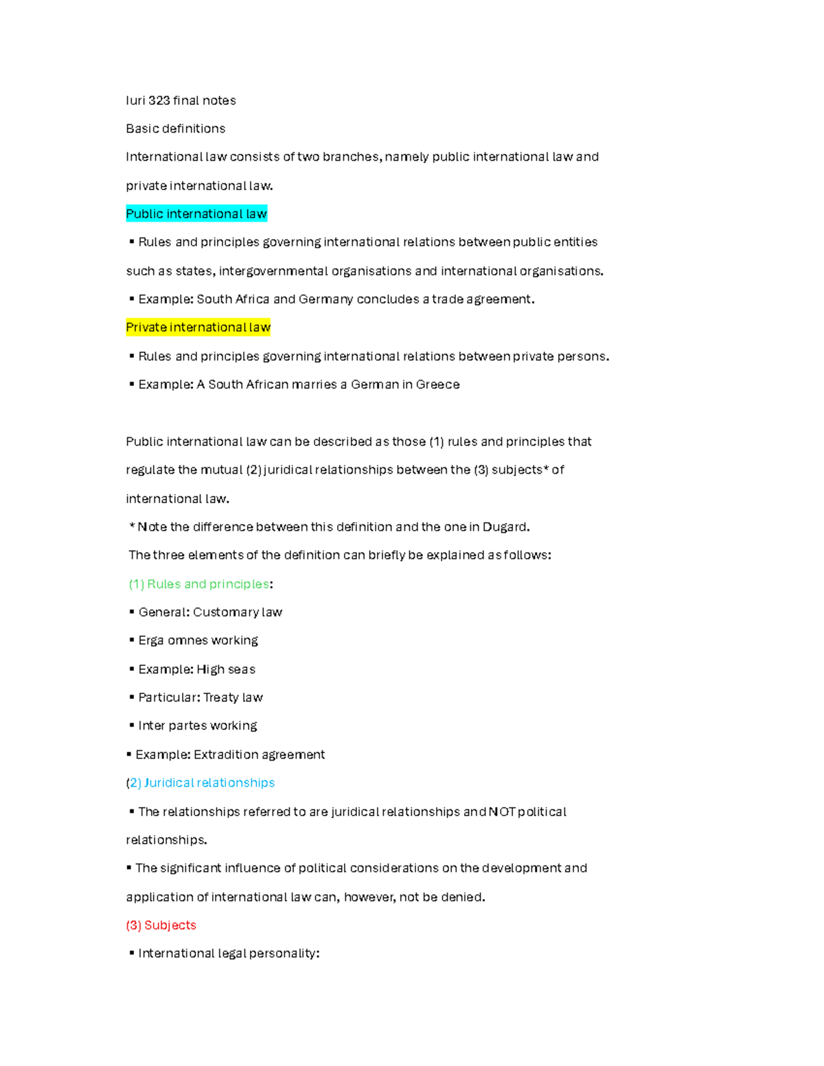 IURI 323 Final Exam Notes on International Law Concepts - Studocu