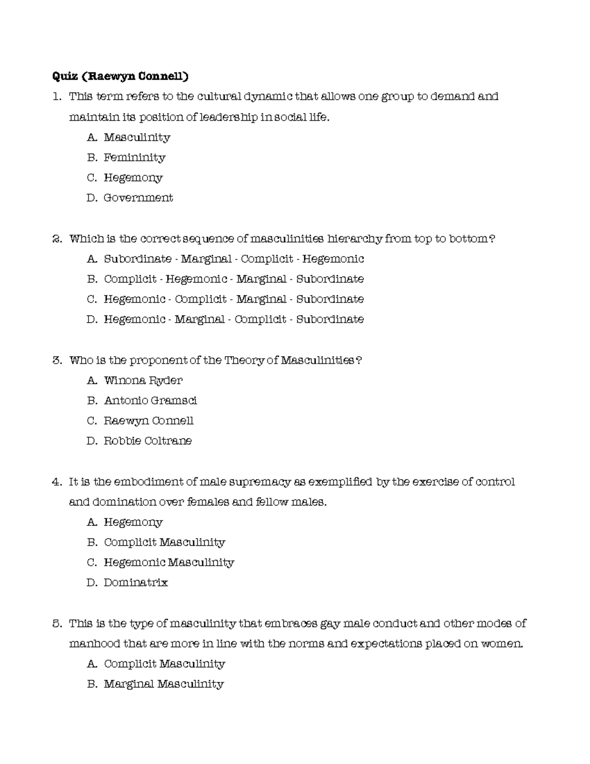 Raewyn Connell Quiz - Gender and Society Quiz on Masculinities - Studocu