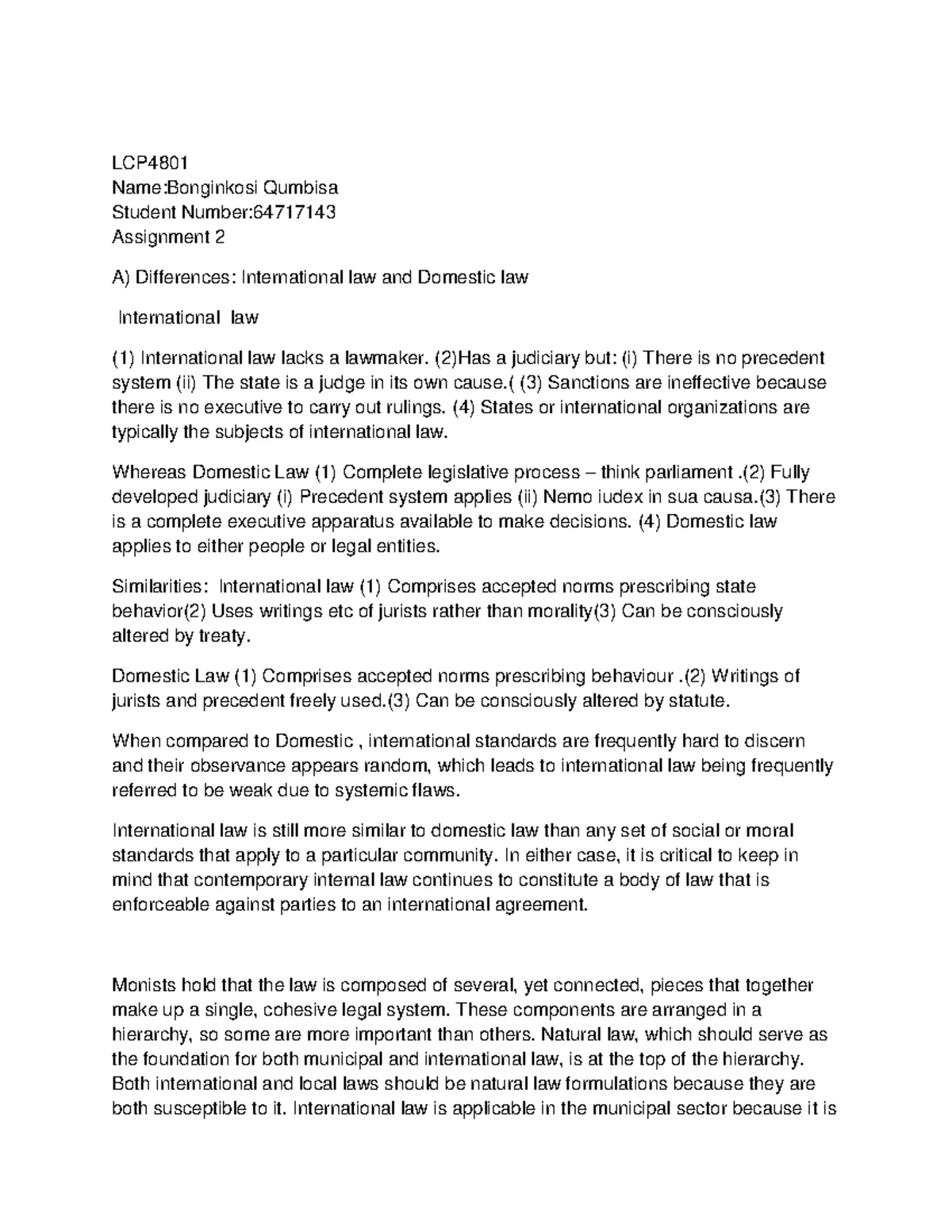 LCP4801 - notes - LCP AA) Differences: INTERNATIONAL LAW DOMESTIC LAW ...