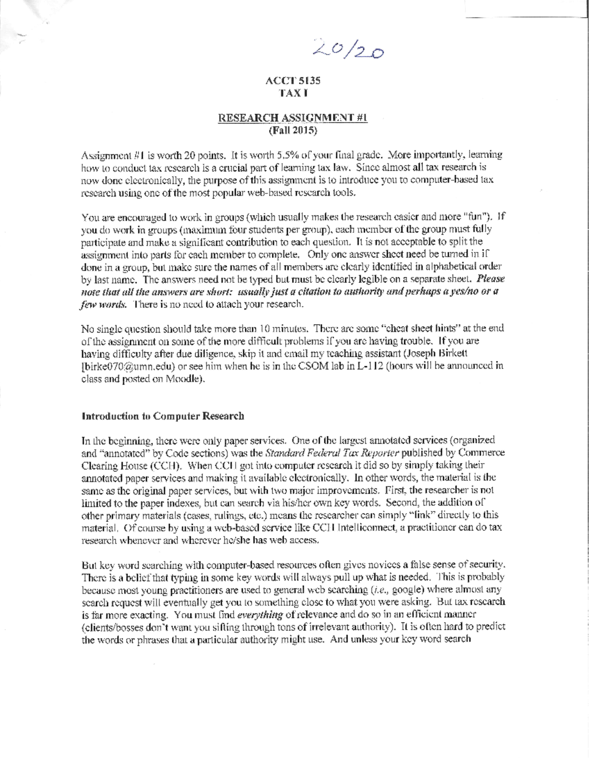 Research Assignment 1, questions and answers - ACCT 5135 TAX RESEARCH ...