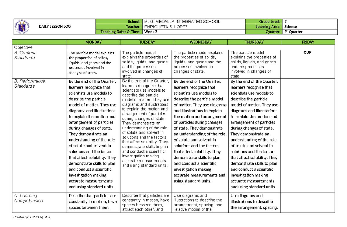 Science 7 Q1 Week 2 Daily Lesson Log: Particle Model of Matter - Studocu
