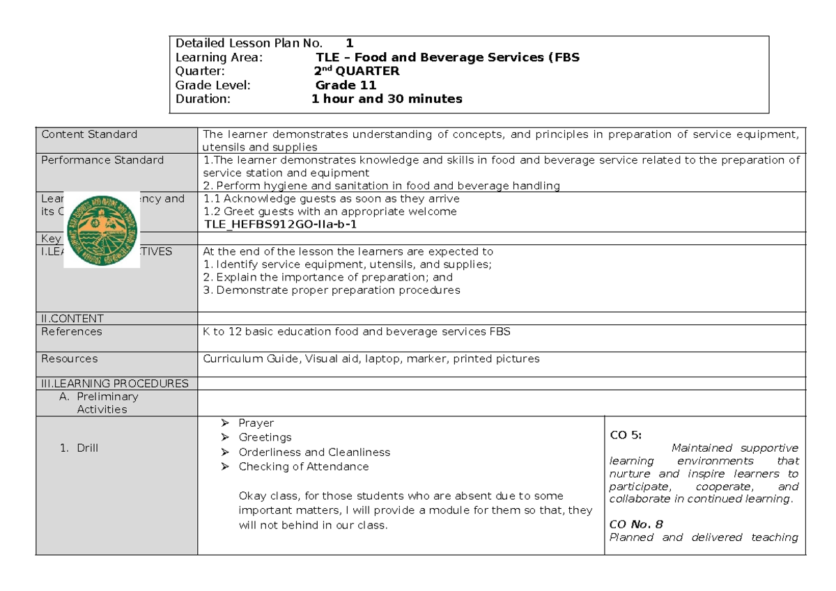 Detailed Lesson Plan No. 1: TLE Food & Beverage Services (FBS) - Grade ...
