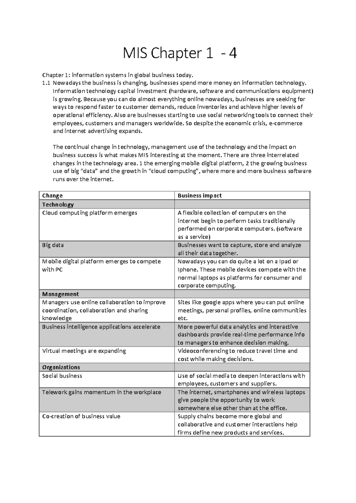MIS Chapter 1-4: The Impact of Information Systems on Business ...