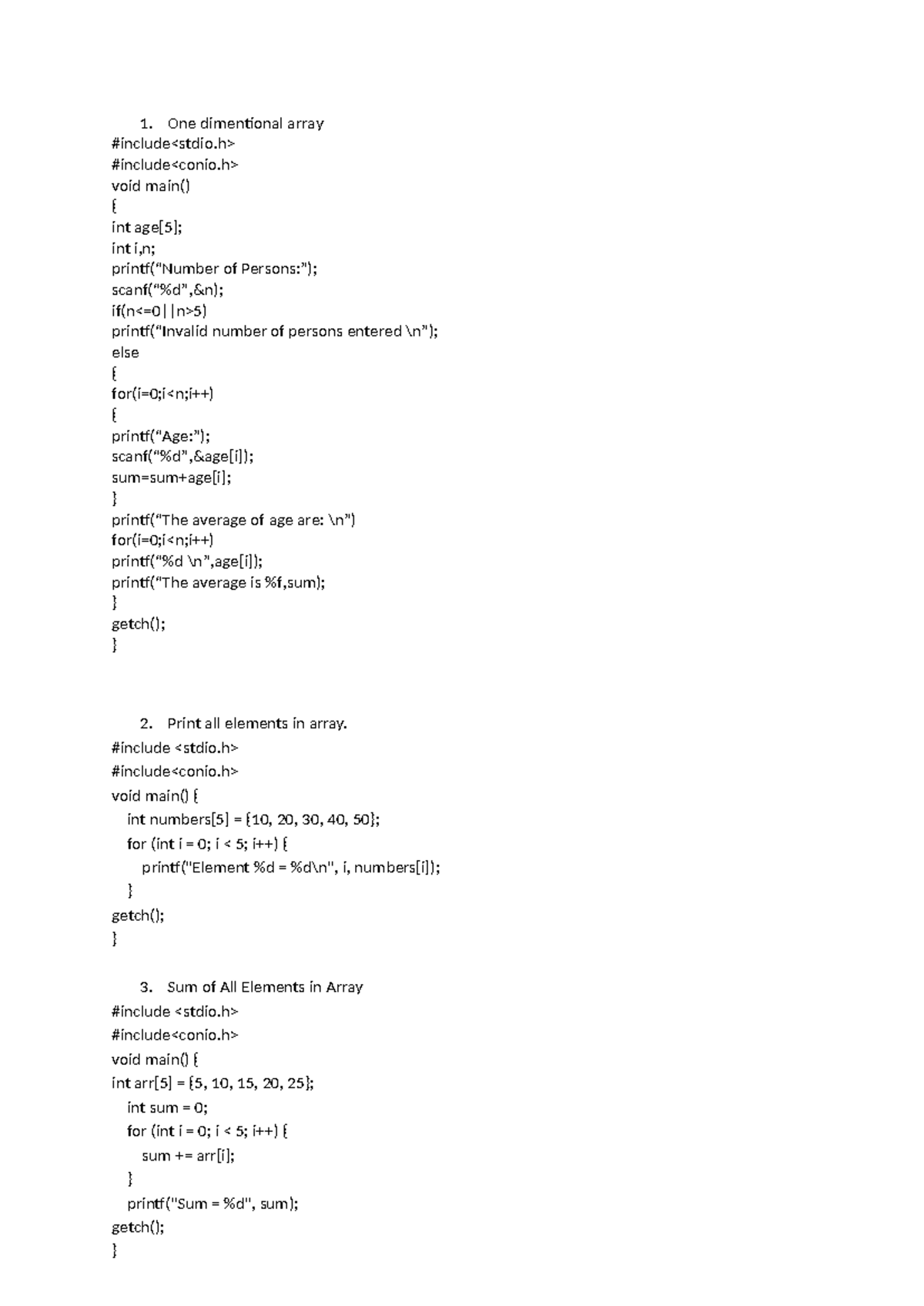 Pgm on One-Dimensional Array Operations and Average Calculation - Studocu