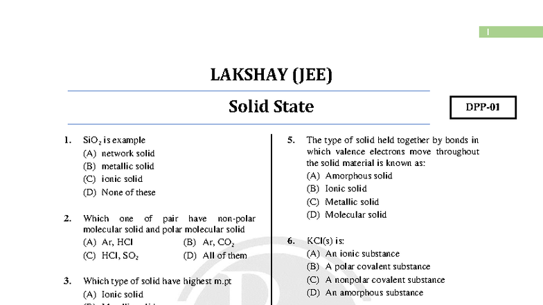 Solid State DPP 01 - JEE Practice Questions and Answers - Studocu