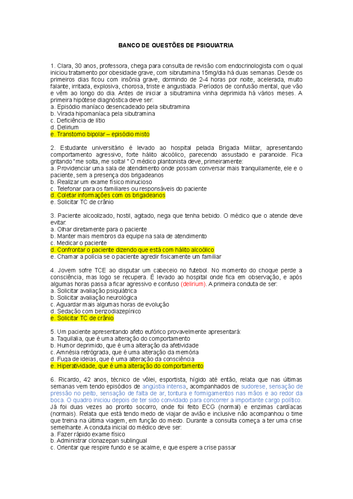 Banco de Questões de Psiquiatria - Semiologia Psiquiátrica 2017 - Document Preview