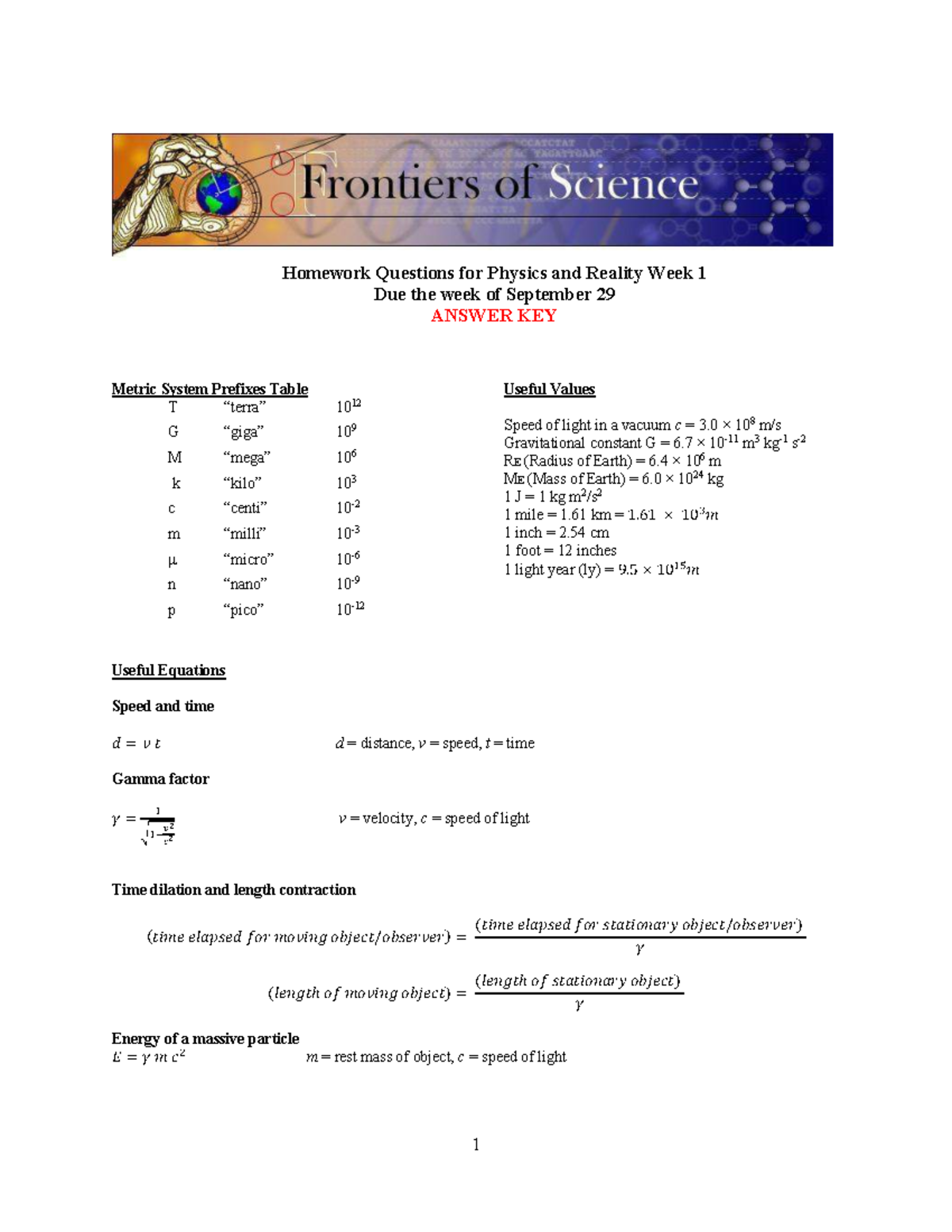PR1 Homework Answers: Physics & Reality Week 1 - Answer Key - Studocu