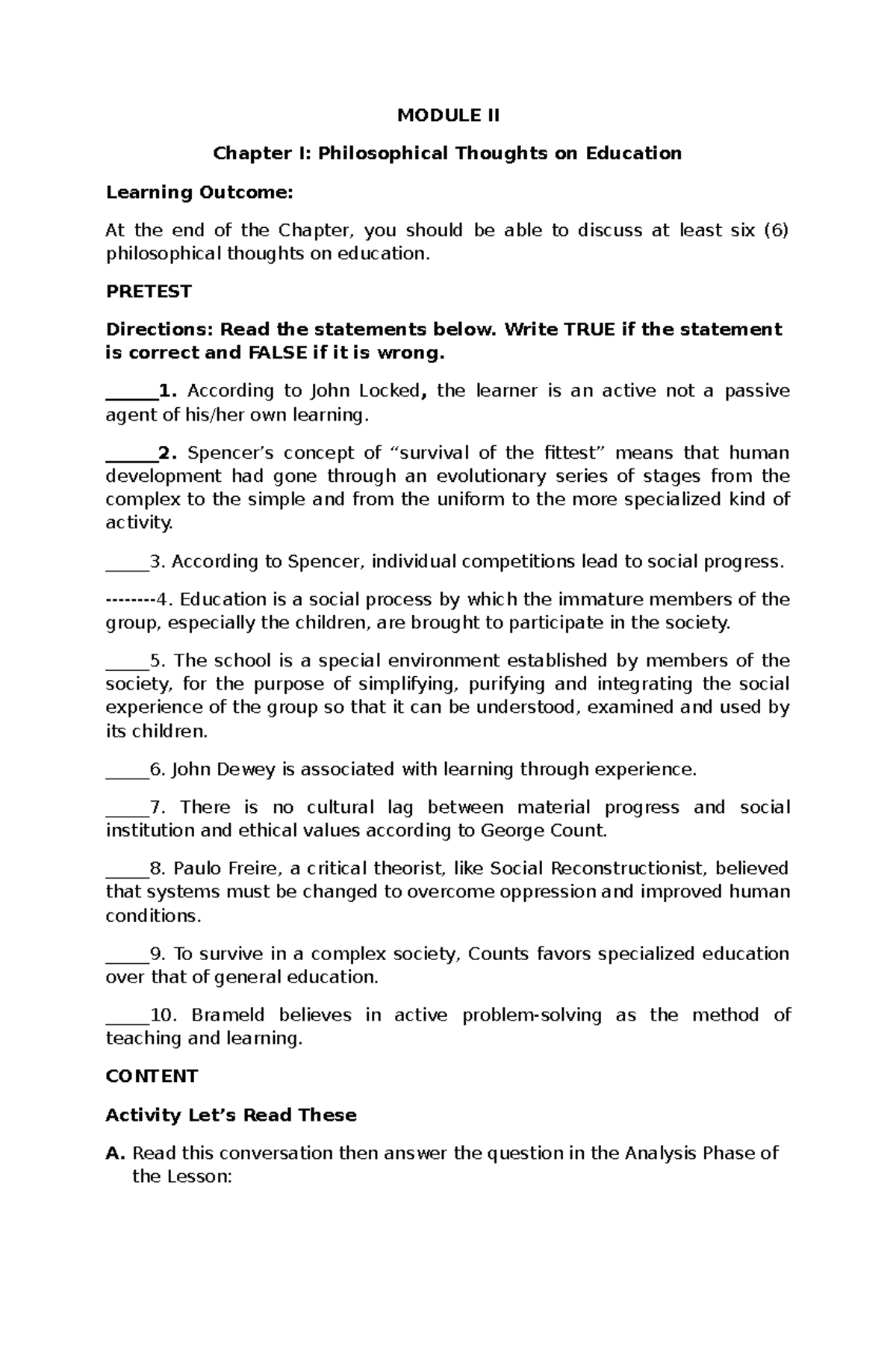Module II - Lecture Notes on Philosophical Thoughts in Education - Studocu