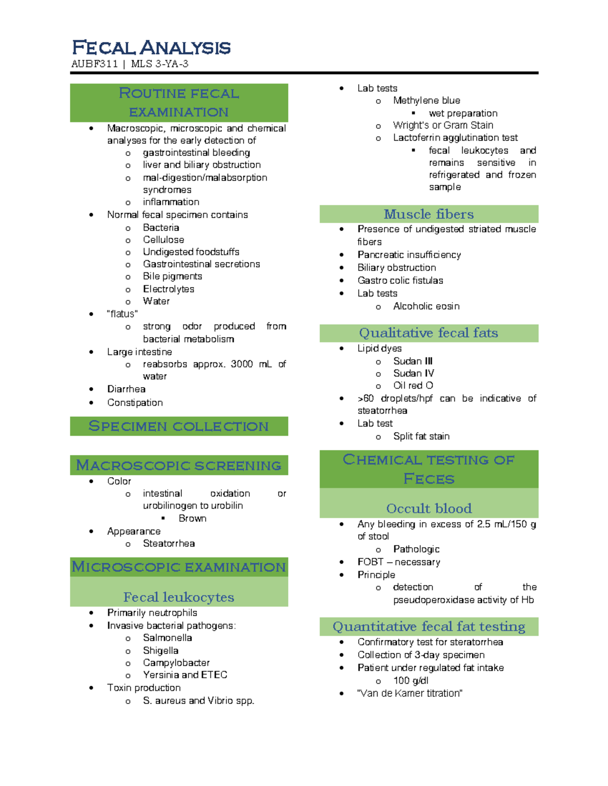 Reviewer fecalysis - Fecal Analysis AUBF 311 | MLS 3-YA- 3 Routine ...