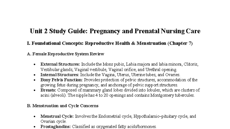 Unit 2 Study Guide: Pregnancy & Prenatal Nursing Care (NURS 101) - Studocu