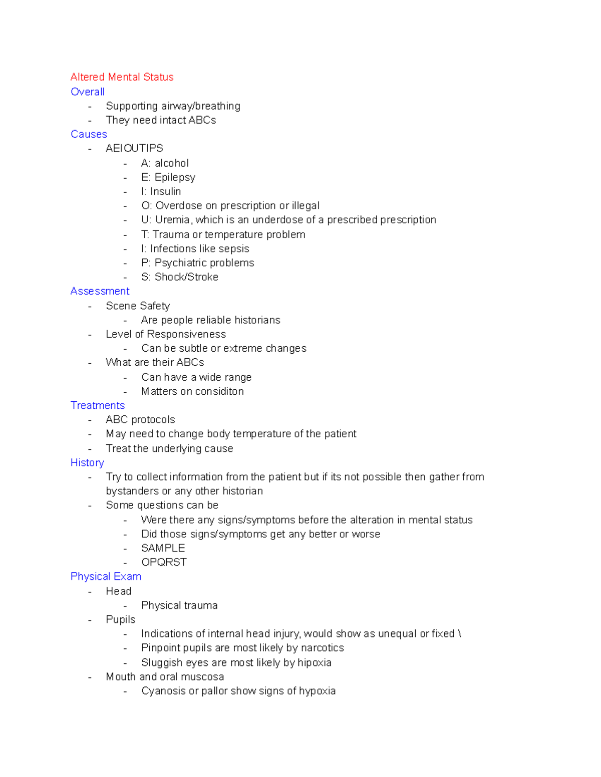 Altered Mental Status and Stroke Management Lecture Notes - Studocu