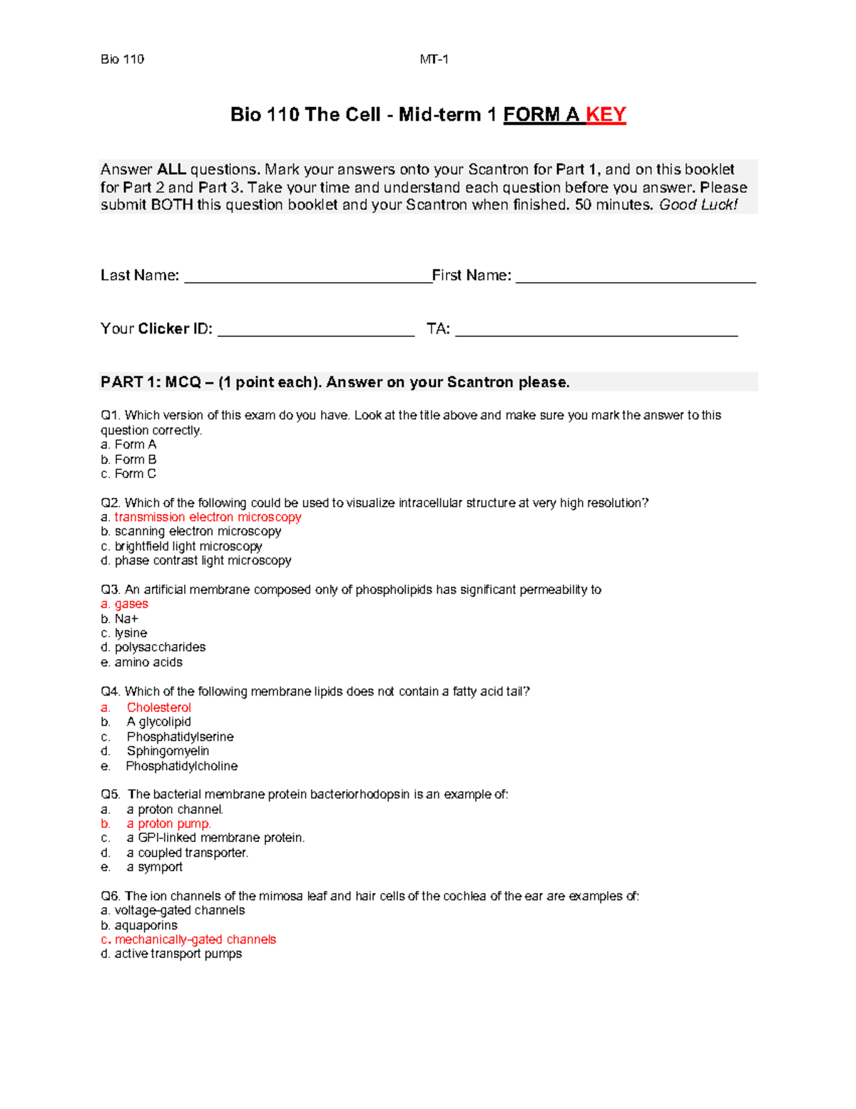 Bio 110 MT-1 A11 Midterm Exam Study Guide & Answer Key - Studocu