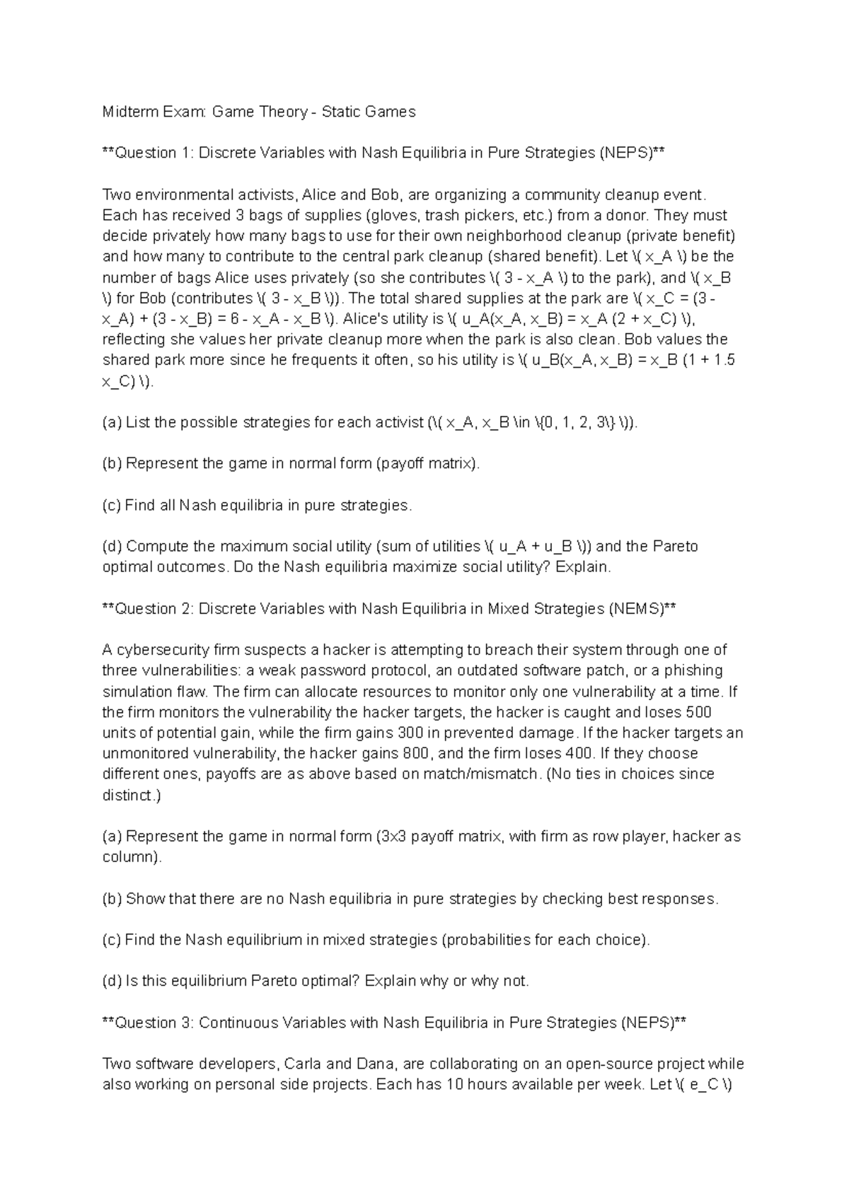 Midterm Exam: Game Theory Static Games 1 & 2 - Nash Equilibria Analysis ...