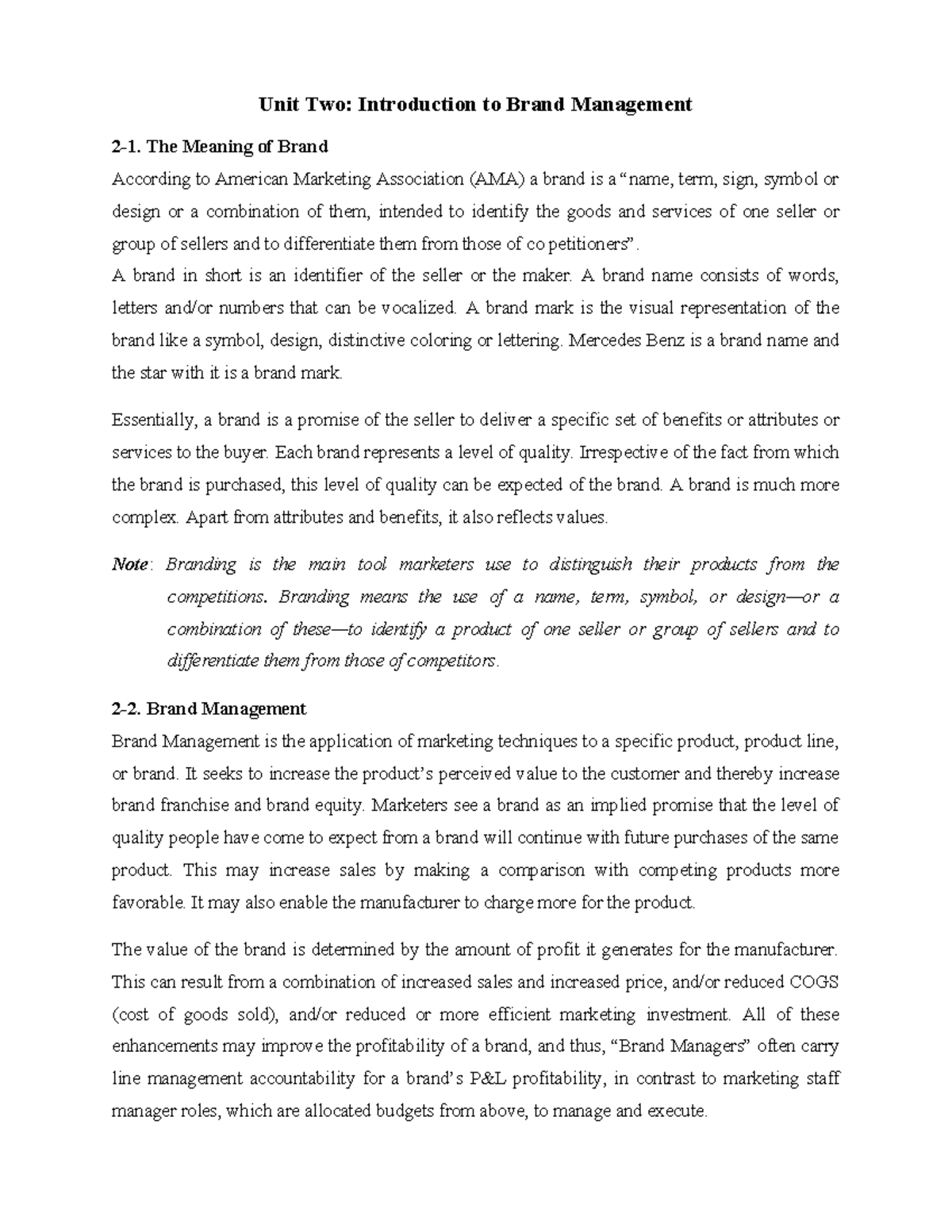 Unit 2: Intro to Brand Management - Key Concepts & Strategies - Studocu