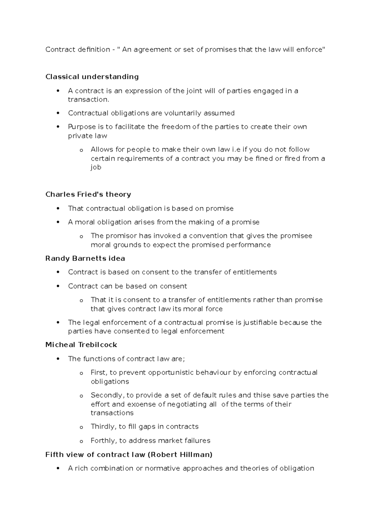 Contract A - Week 1 Lecture Notes on Contract Law - Studocu