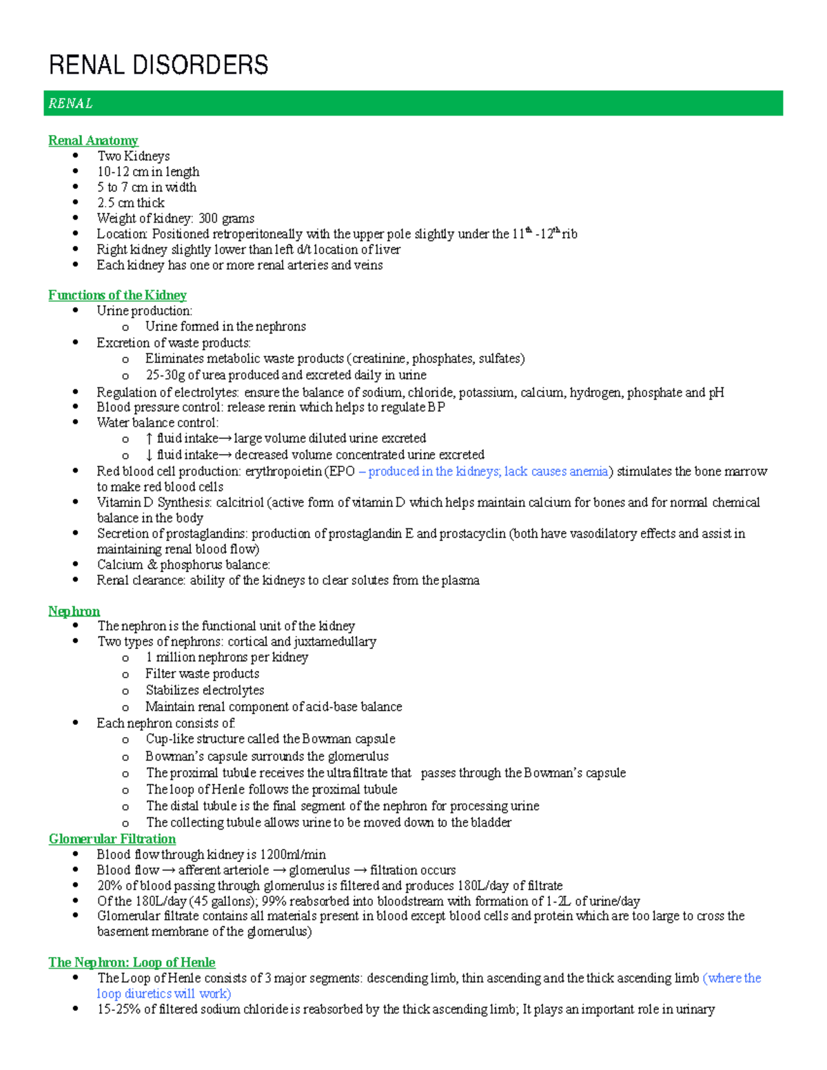 Med Surg Exam 4 - Renal Disorders Lecture Notes - Studocu