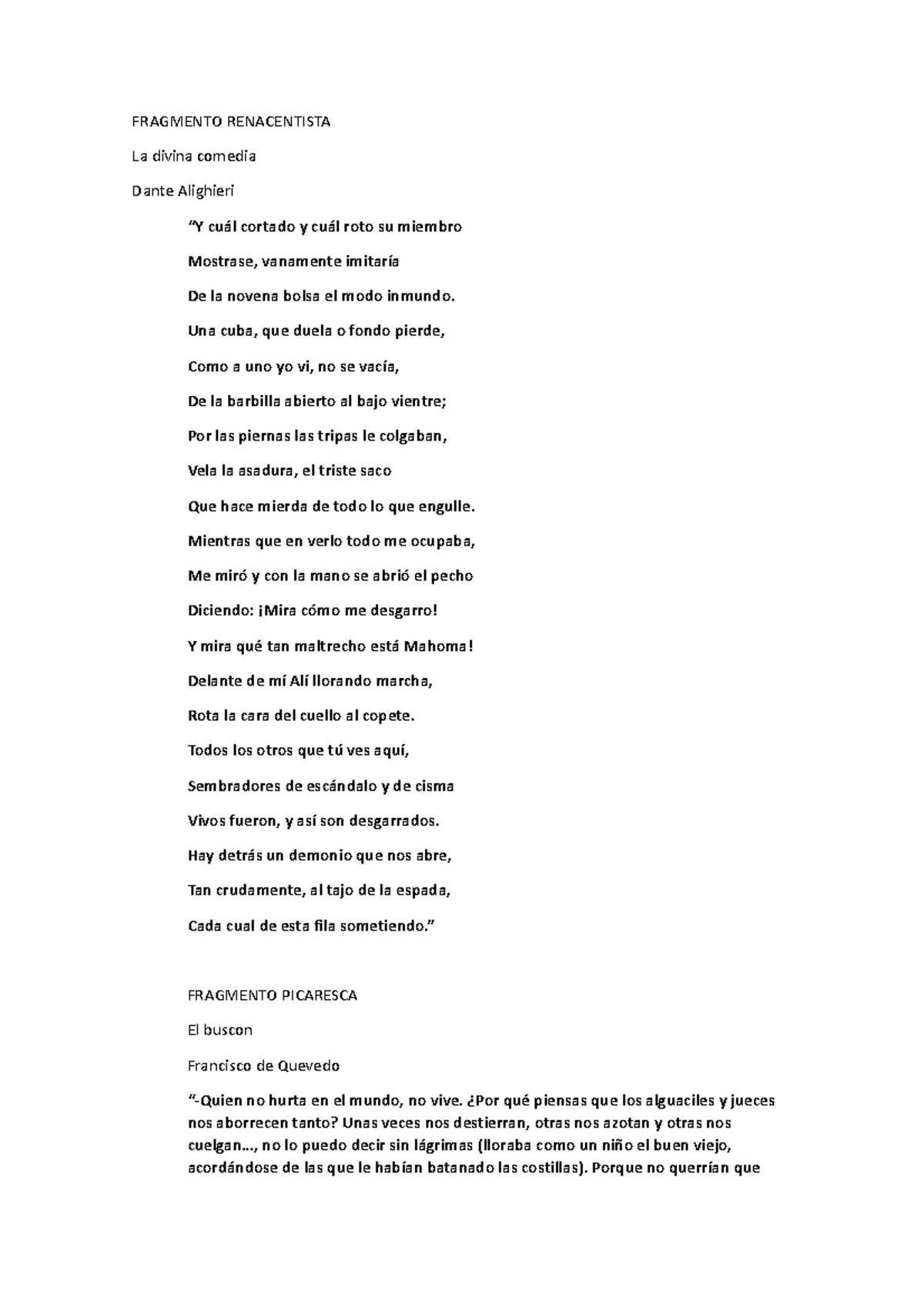Fragmentos de Literatura Española: Renacimiento, Pícaro y Barroco - Studocu