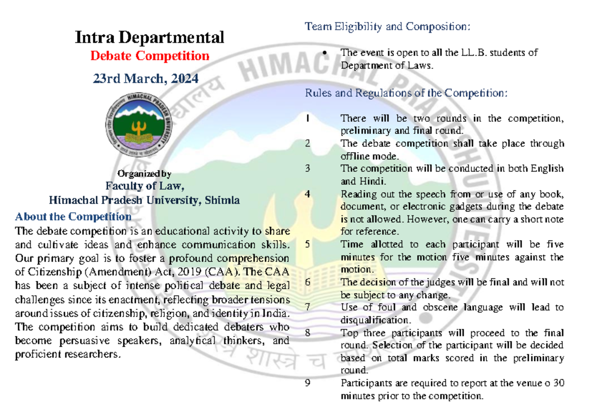 Intra Departmental Debate Competition on CAA - Faculty of Law, HP - Studocu