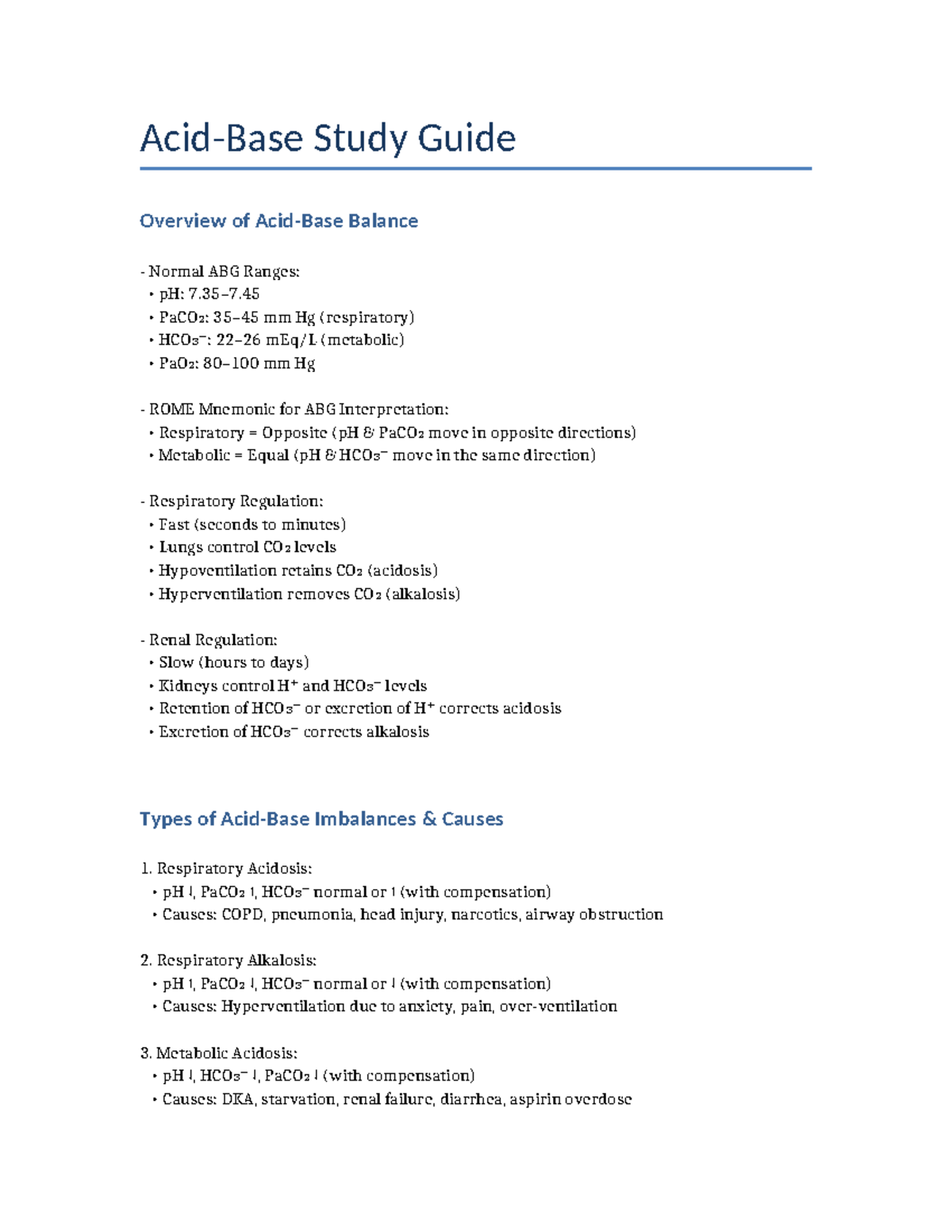 Acid-Base Balance Study Guide: ABG Ranges & Interpretation - Studocu