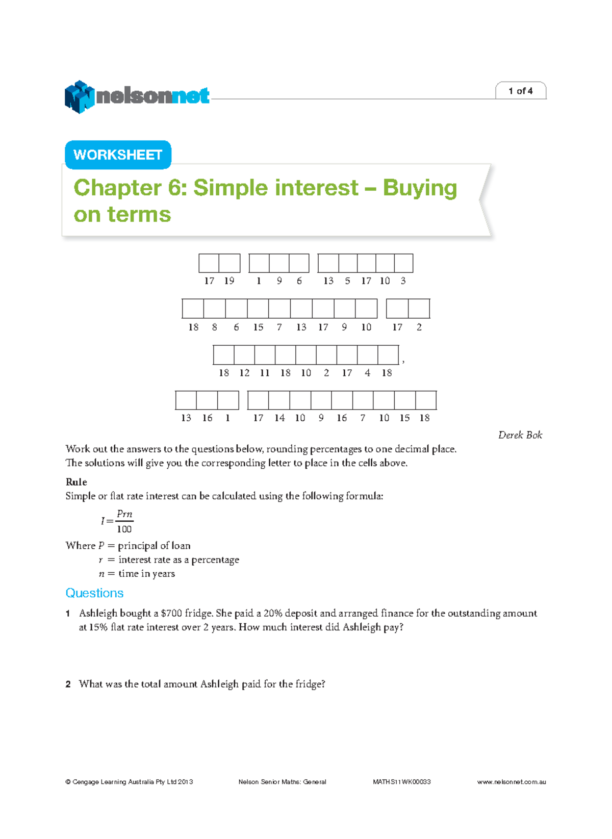 Simple interest Bying on terms - 17 19 1 9 6 13 5 17 10 3 18 8 6 15 7 ...