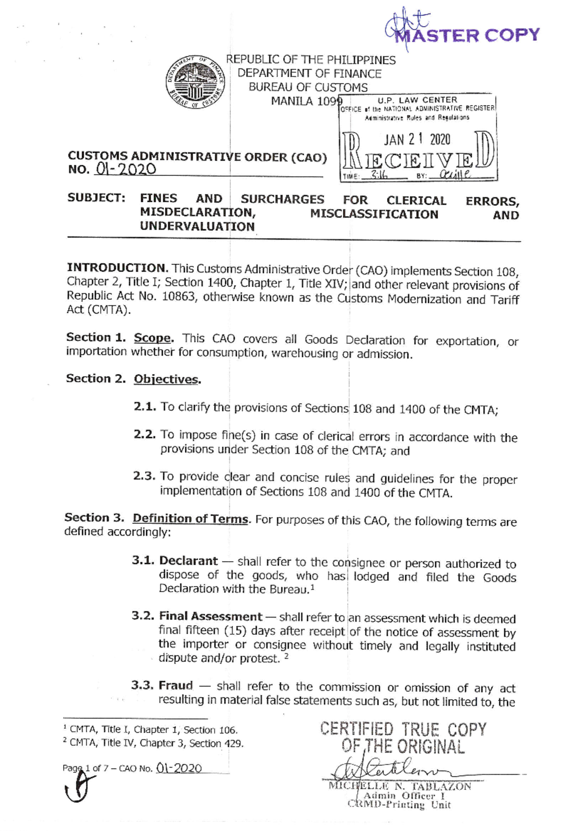 CAO 01-2020: Fines & Surcharges for Clerical Errors in Customs - Studocu