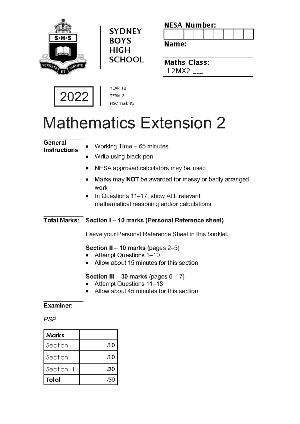 SBHS 2022 Y12 Mathematics Extension 2 HSC Task 3 Exam Notes - Studocu
