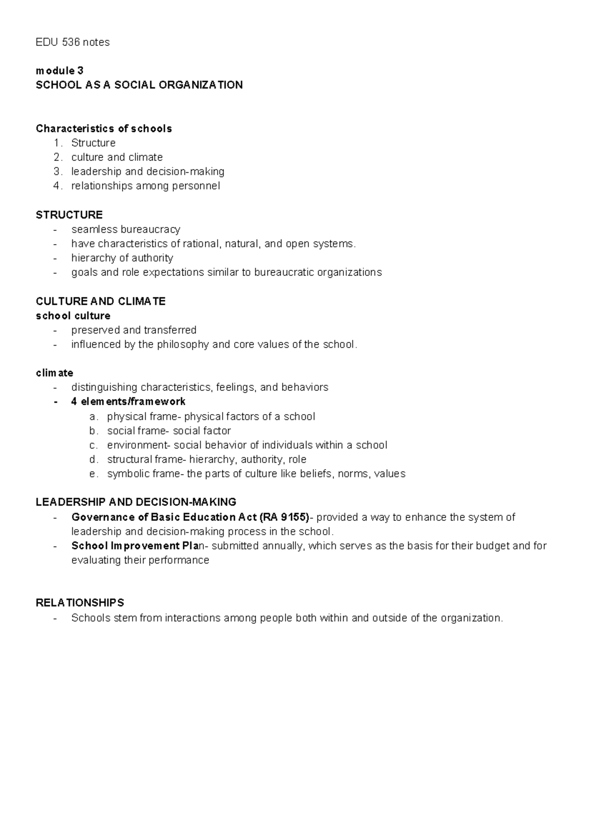 EDU 536 Notes: School as a Social Organization & Educational Reforms ...